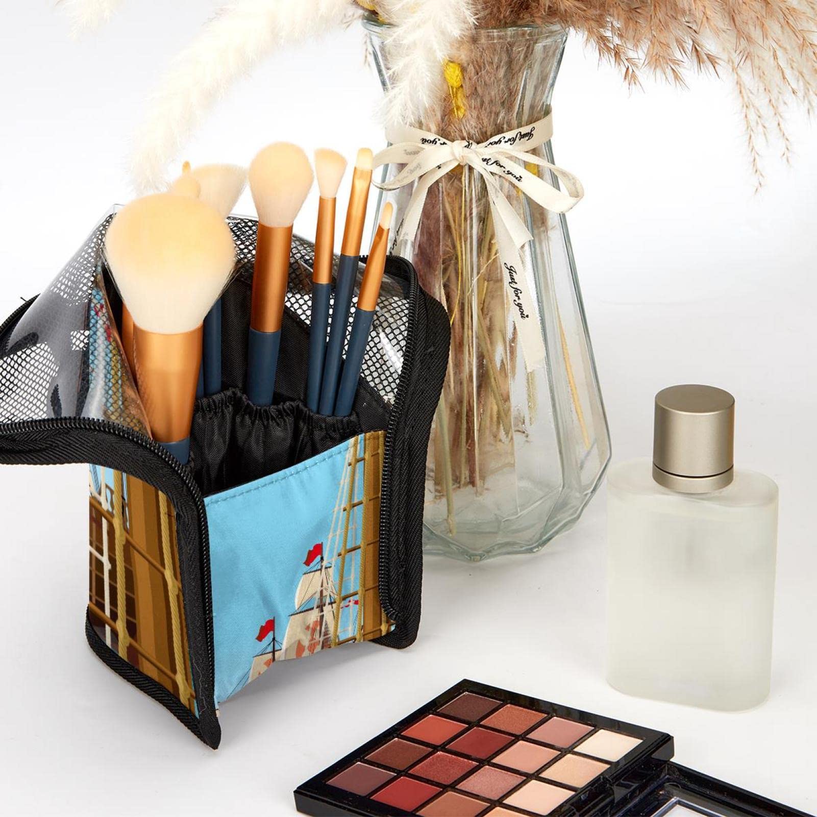 12-Piece Makeup Brush Organizer Bag - Portable Waterproof Cosmetic Brush Holder Case for Travel & Home Storage | Ships Deck Ocean Sea Design