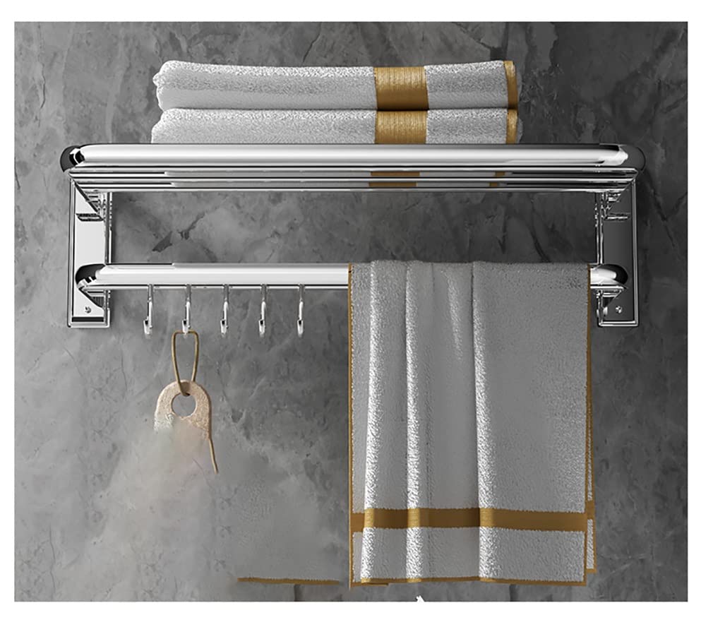 Stainless Steel Wall Mounted Towel Rack with Double Shelf & Hooks - Bathroom Shower Organizer for Home & Hotel (50cm, Silver) - Perfect for Small Spaces & Luxurious Lavatories
