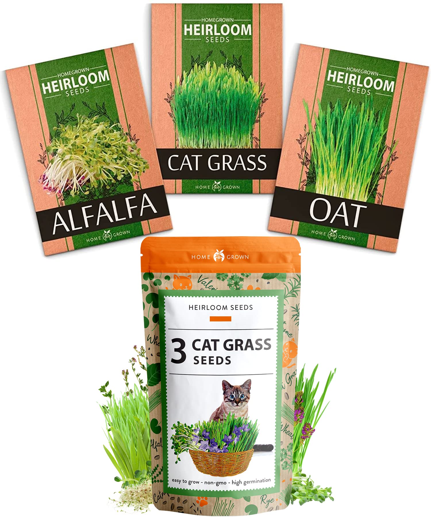 Organic Cat Grass Seeds Kit - 3 Pack for Indoor Cats - Grow Healthy Pet Grass at Home