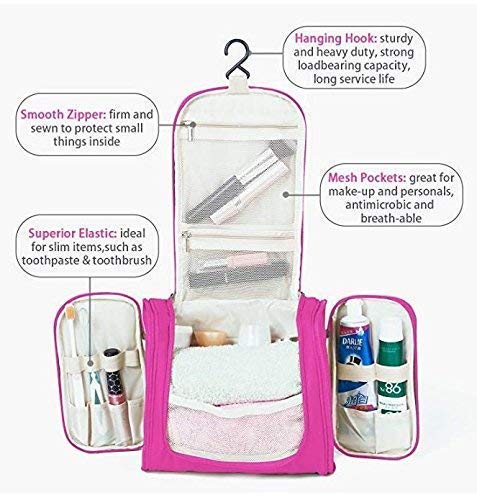 Waterproof Toiletry Bag for Women - Travel Makeup Pouch & Cosmetic Organizer with Hook | Shower Wash Bag for Gym, Camping & Vacation (Pink)