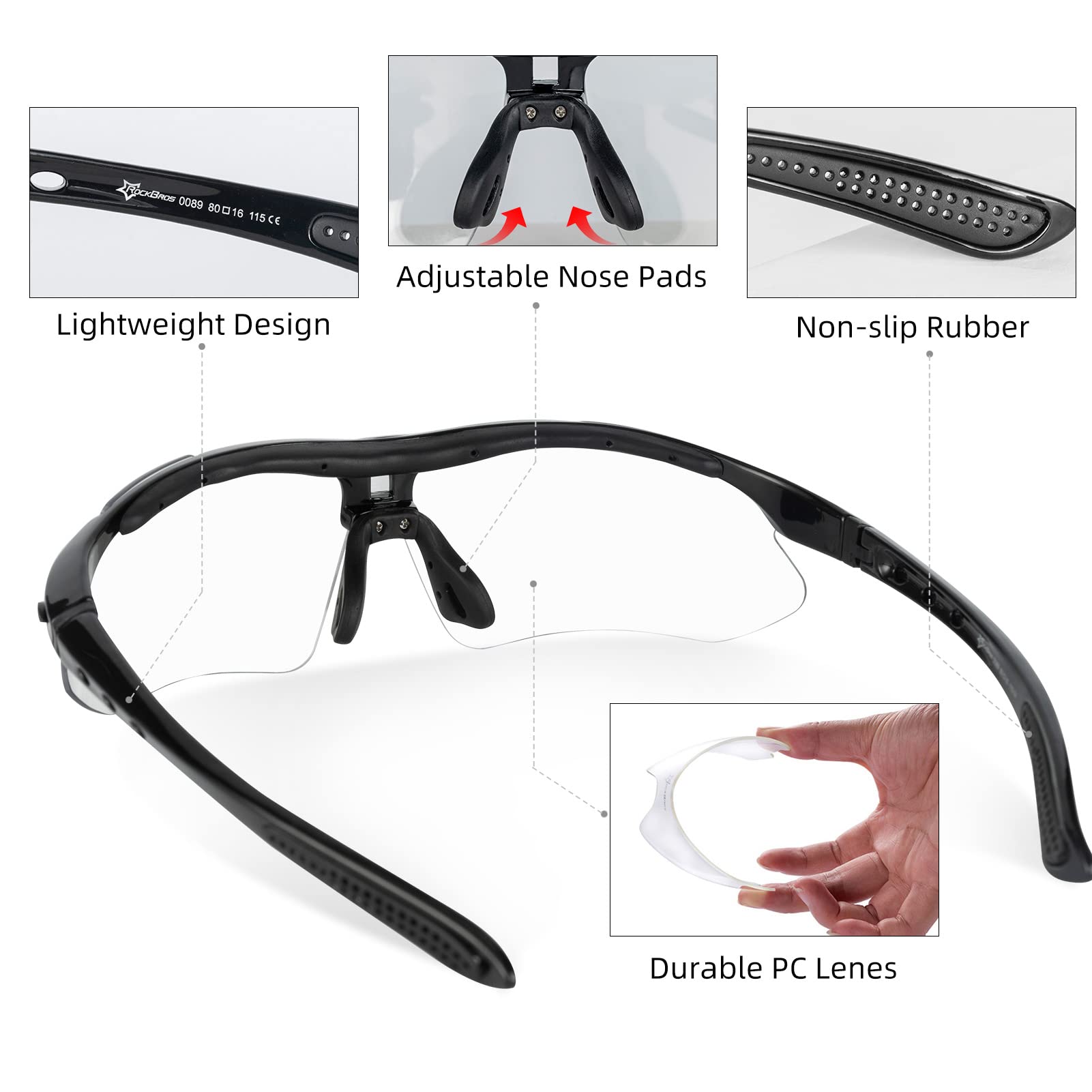 ROCKBROS Photochromic Sports Sunglasses for Men - Polarized Cycling Glasses with Removable Elastic Band - UV Protection for Pickleball, Mountain Biking & Outdoor Activities