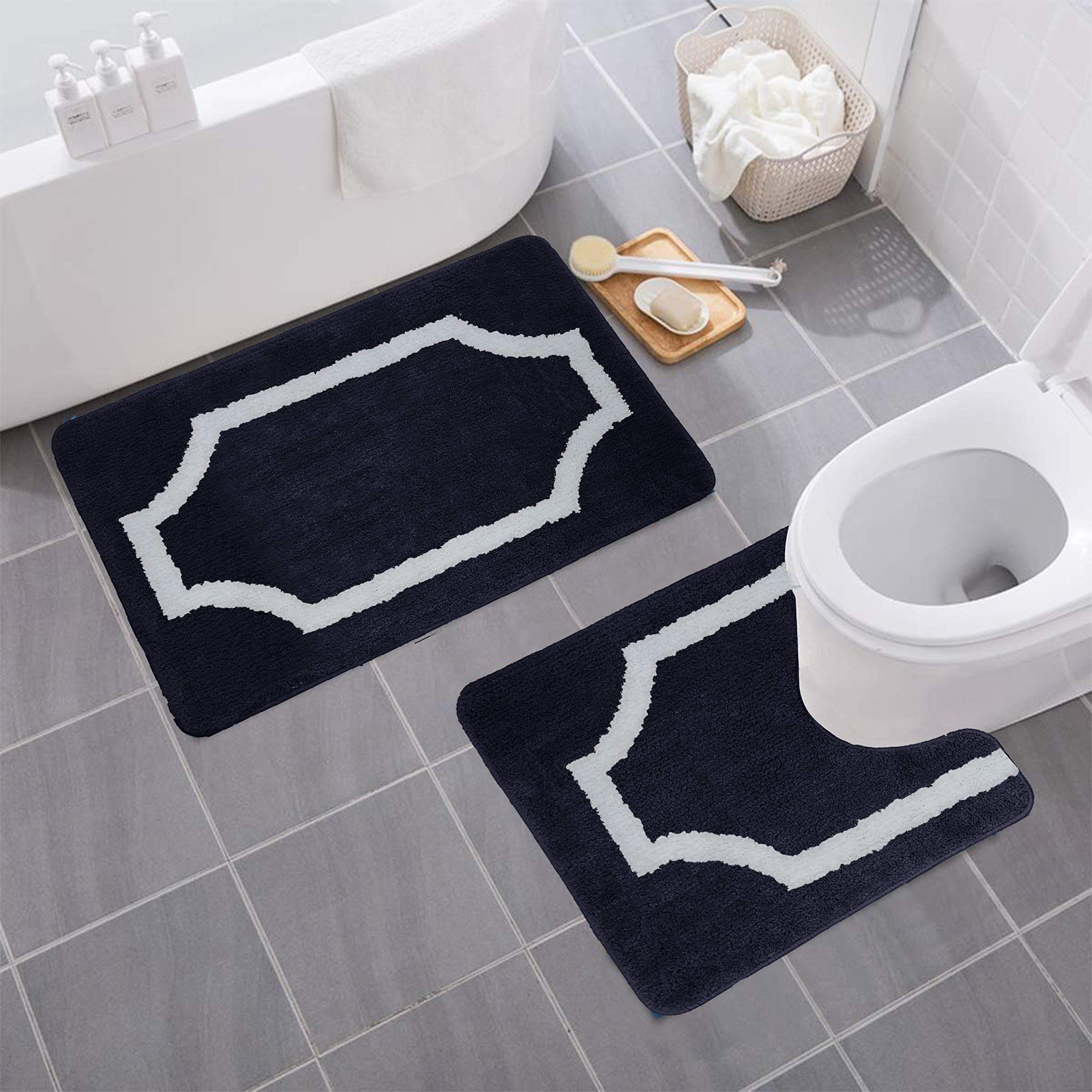 Premium 2-Piece Microfiber Bathroom Rug Set - Ultra Soft, Non-Slip PVC Backing, Modern Design for Luxury Home Decor - Perfect for Bathrooms, Showers & Spa Areas (Black)