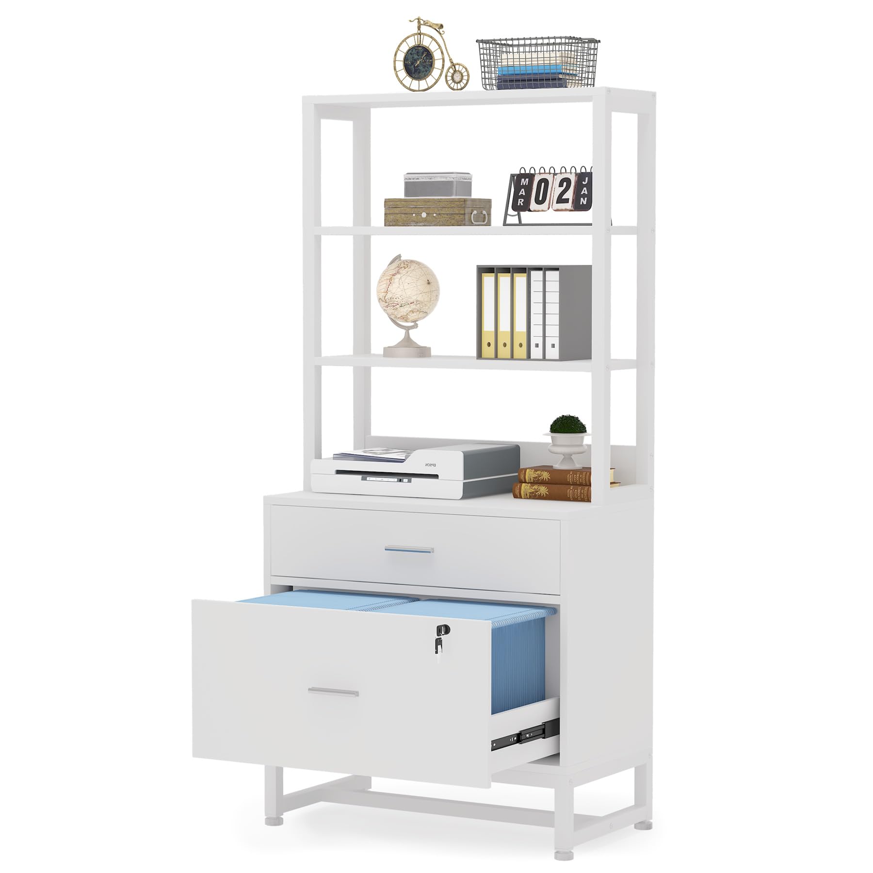 Tribesigns 2-Drawer Lockable Lateral File Cabinet - Letter Size Modern Office Storage with Open Shelves for Printer & Supplies - White - Perfect for Home Office Organization & Workspace Storage Solutions