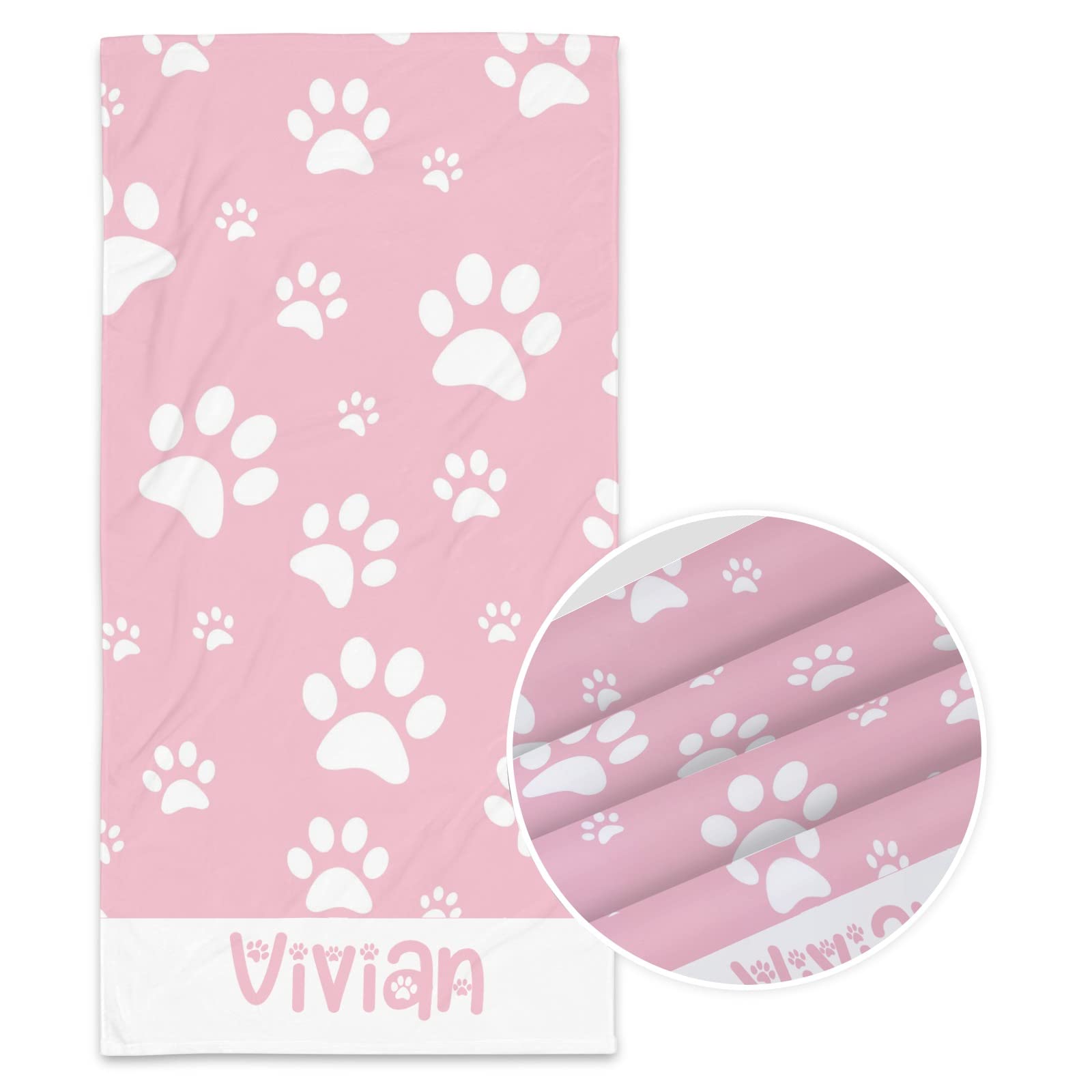 Custom Personalized Pink Dog Paw Print Beach Towels with Name - Super Absorbent 30x60 Inch Bath Towel for Adults & Kids - Perfect for Beach, Pool, Spa, and Birthday Gifts