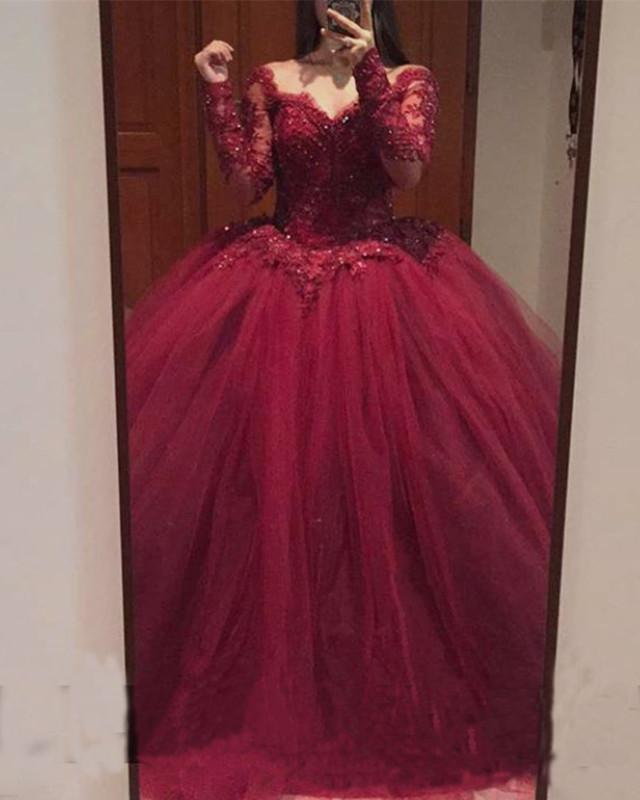 Elegant Burgundy Lace Applique Long Sleeve Tulle Ball Gown Prom Dress for Formal Events & Evening Parties