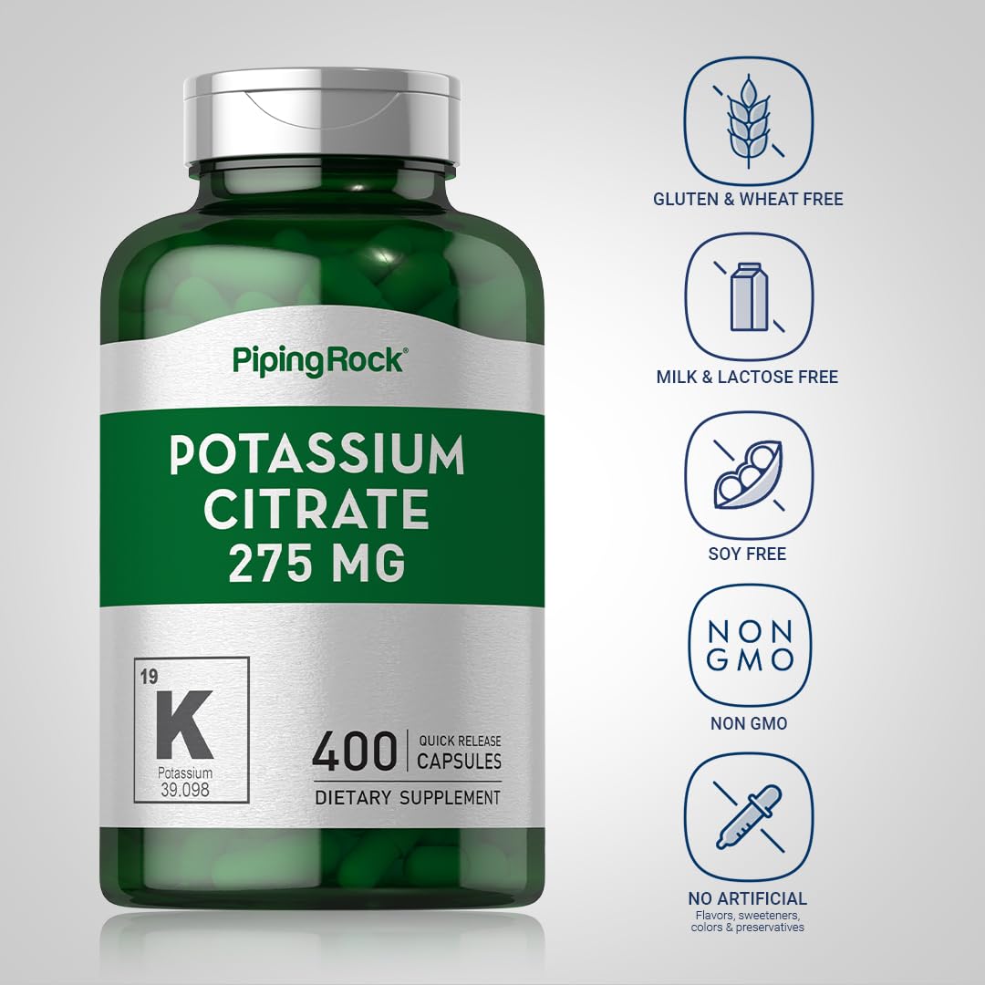 Piping Rock Potassium Citrate Supplement 275mg | 400 Capsules | Non-GMO, Gluten Free | Supports Heart & Muscle Function | Ideal for Athletes & Active Lifestyles