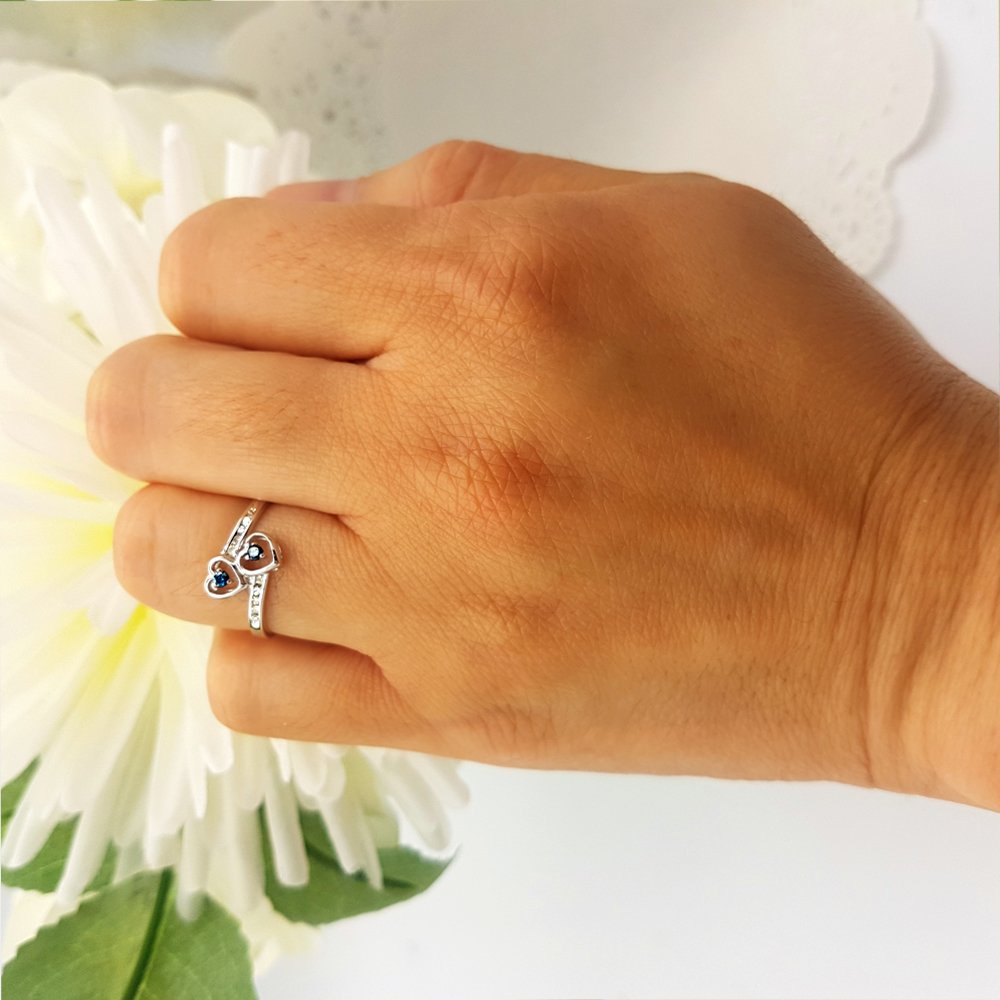0.15ctw Blue & White Diamond Double Heart Promise Ring for Women - Sterling Silver Bridal Jewelry - Perfect for Engagement, Anniversary & Romantic Gifts