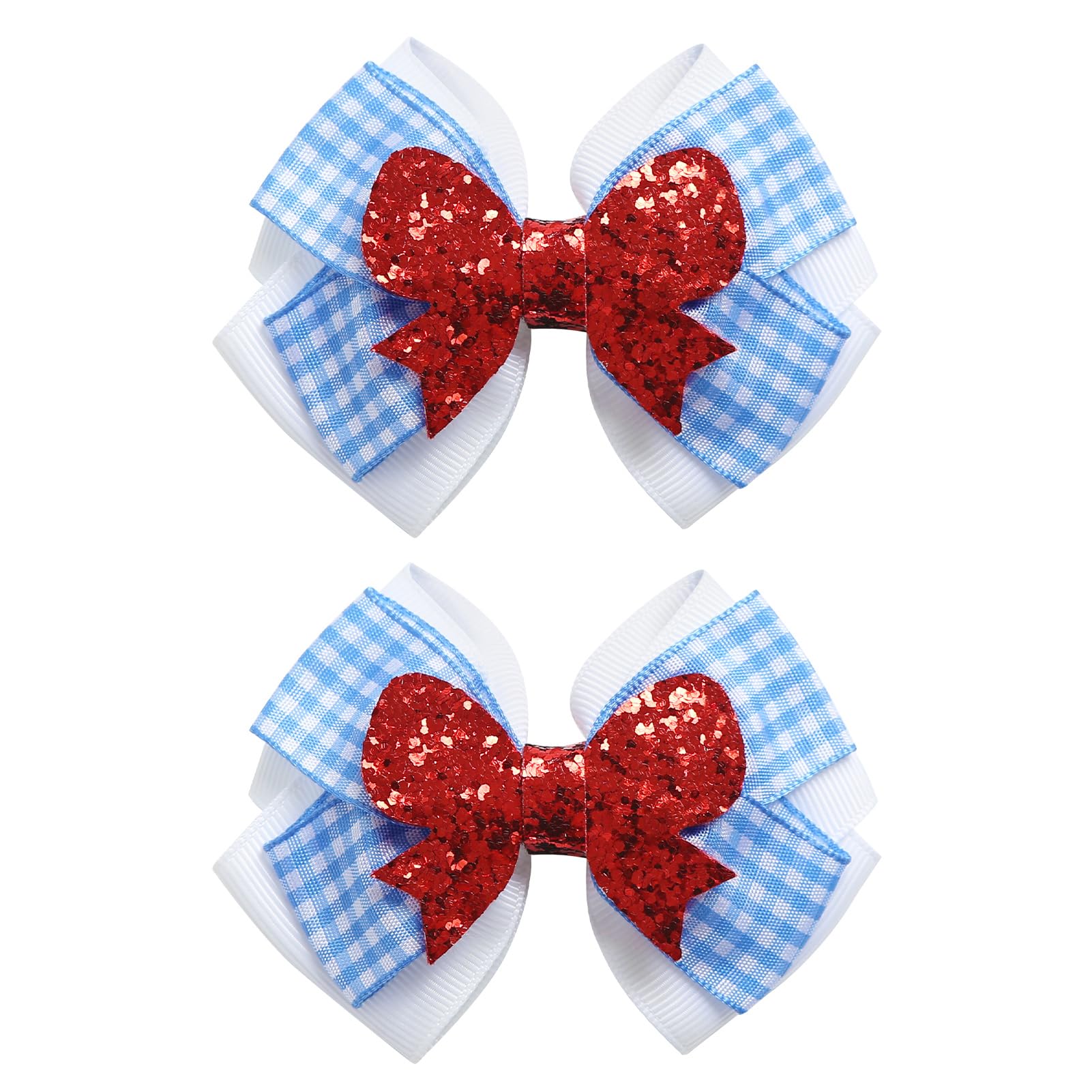 2PC Blue and White Gingham Hair Bow Clips - 3.5 Inch Checker Pigtail Bows for Girls - Wizard of Oz Dorothy Halloween Costume Accessories - Perfect for Cosplay, Dress Up Parties, and Themed Events