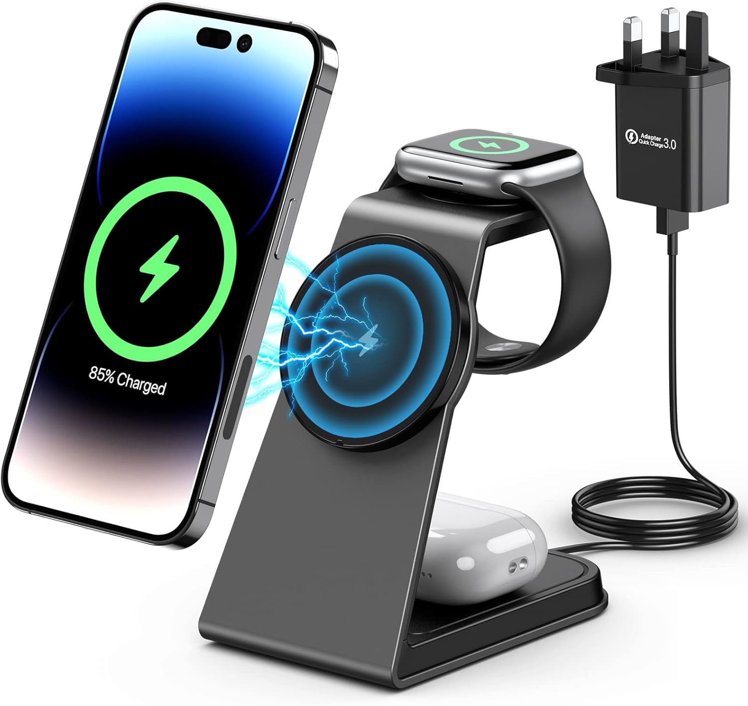 3 in 1 Magnetic Wireless Charging Station - 15W Fast Charging Aluminum Alloy Stand for iPhone 16/15/14/13 Series, Apple Watch Series & AirPods 3/2/Pro | Perfect for Home, Office & Travel Charging Needs