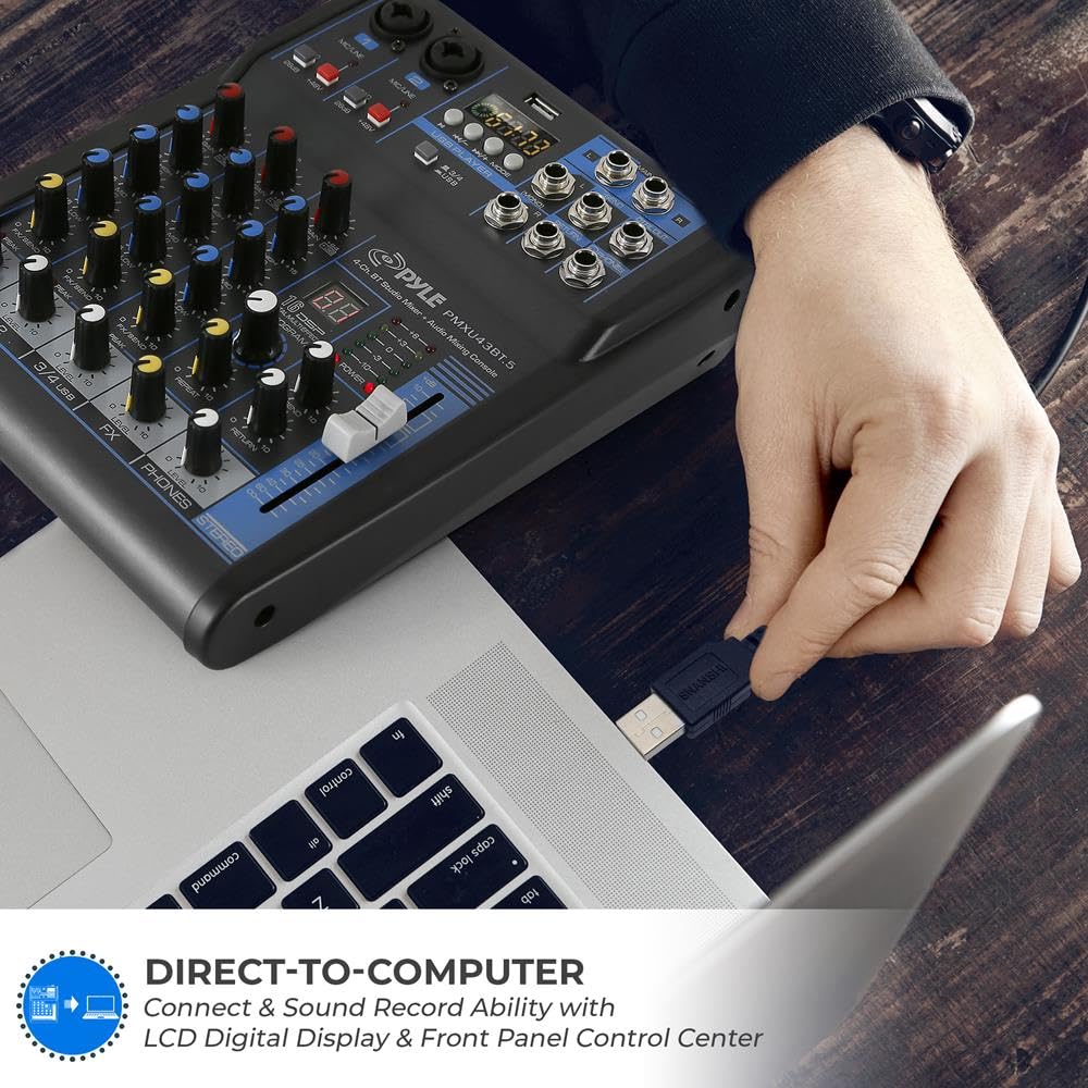Pyle Professional 4-Channel Audio Mixer Sound Board with USB, Bluetooth, MP3 Input, 48V Phantom Power & 16-Bit DSP Processor - Ideal for DJ Studio, Live Streaming & Music Production - PMXU43BT.5