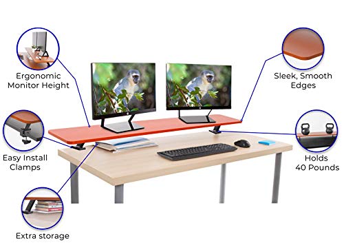 55 Inch Clamp On Monitor Stand with Shelf - Heavy Duty Ergonomic Desk Riser for 3 Monitors, Extra Storage Space - No Screw Installation, Cherry Finish - Perfect for Home Office & Gaming Setup