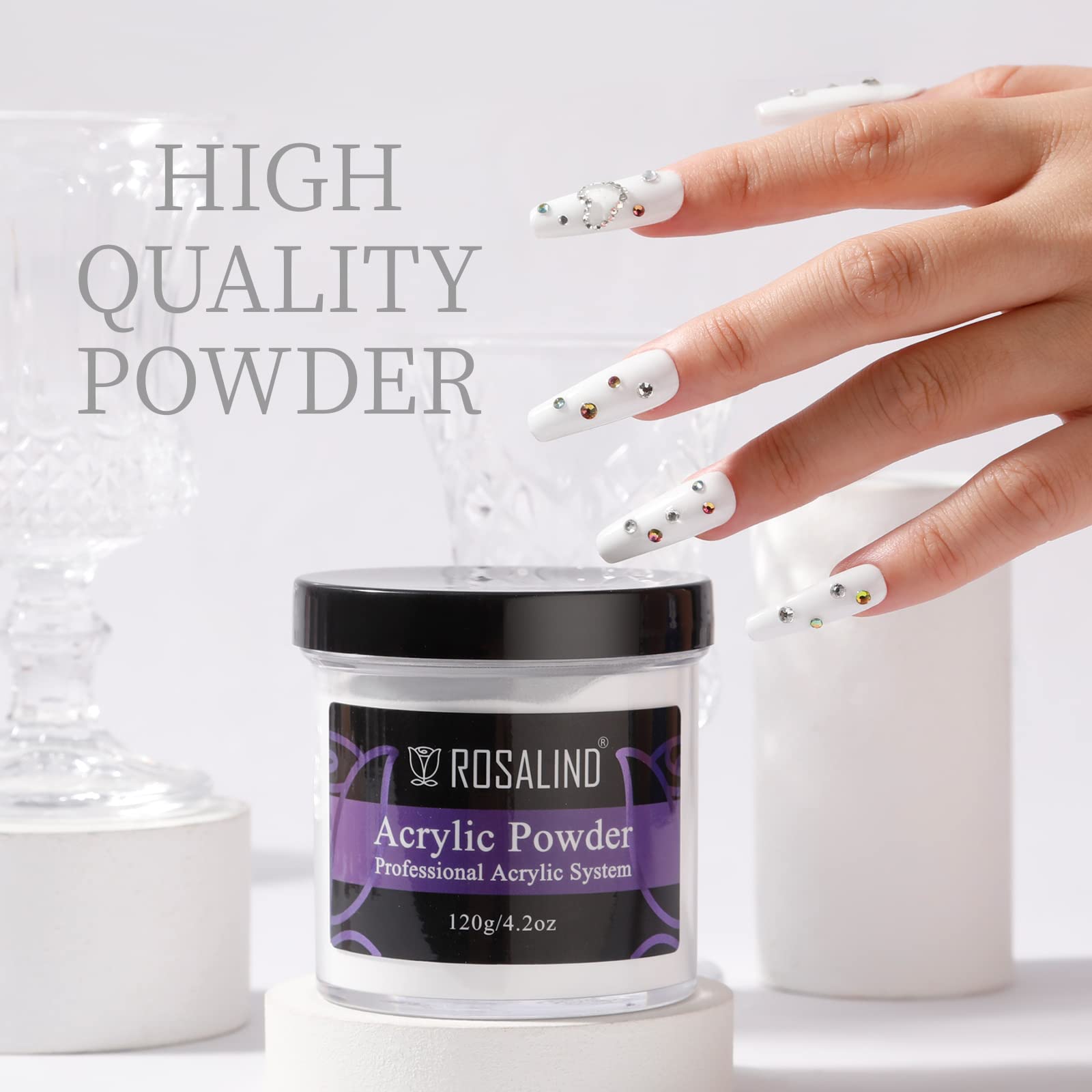 ROSALIND 4.2oz Opal White Acrylic Nail Powder - Professional Polymer Powder for Acrylic Nail Extensions & French Nail Carving | No UV Lamp Needed | Perfect for Salon Professionals & DIY Manicures at Home