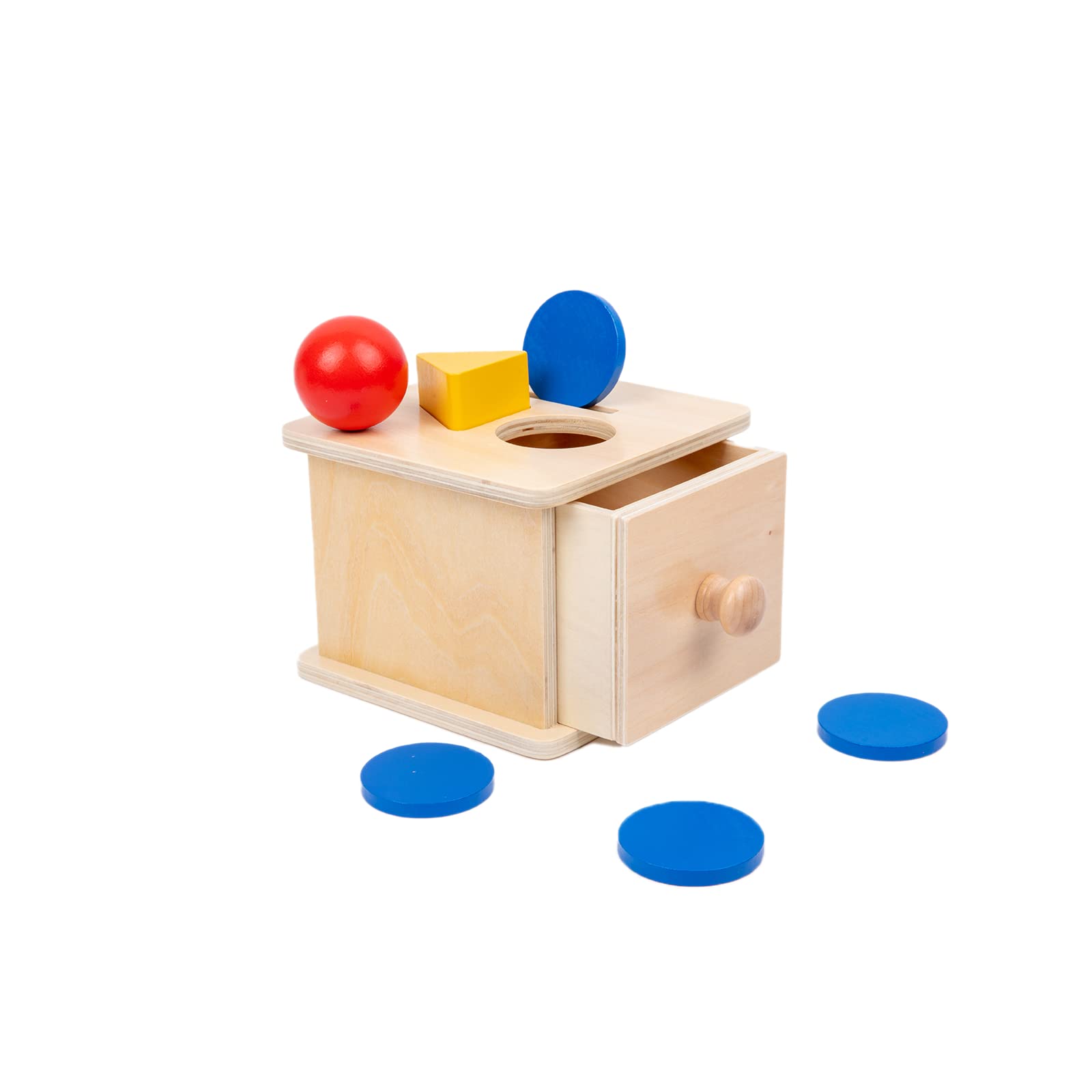 **Adena Montessori 3-in-1 Coin Box & Ball Drop Toy – Wooden Object Permanence Box for Babies 6-12 Months – Developmental Learning Toy with Triangle, Round & Coin Shapes – Perfect for Sensory Play & Early Montessori Education**