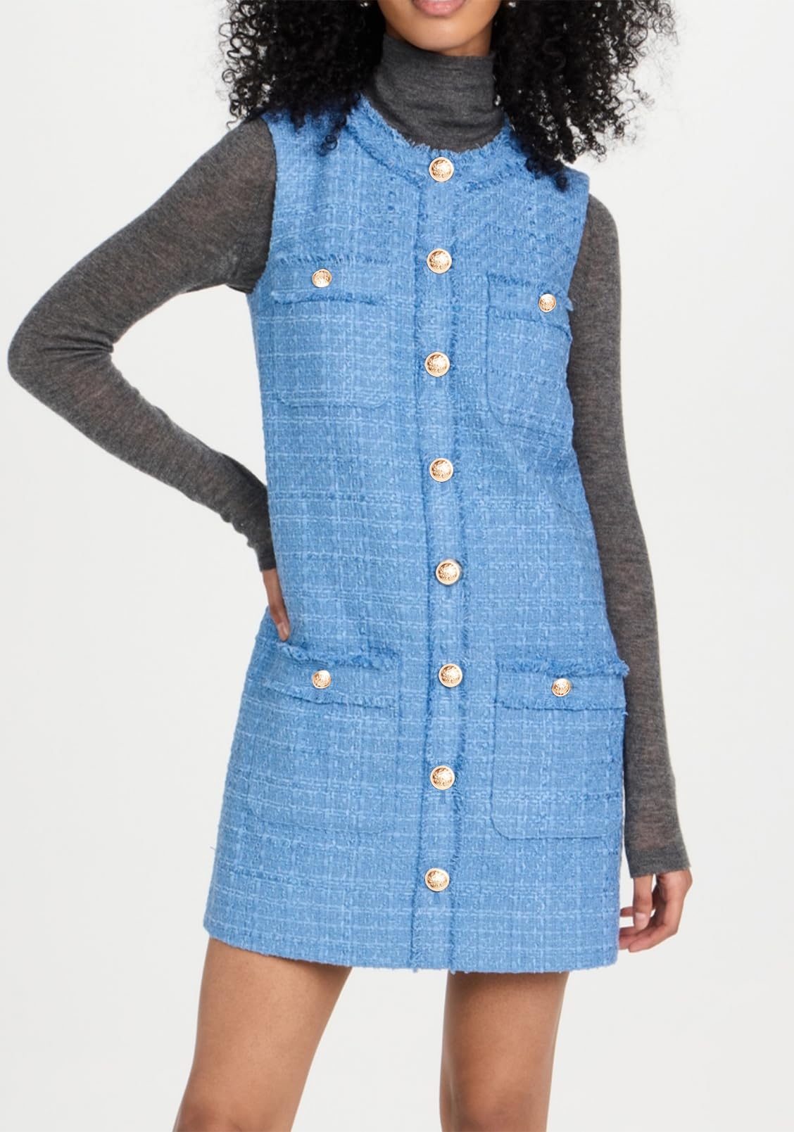 Kedera Women's Tweed Jackie Dress - Elegant Crew Neck Sleeveless Button Bodycon Mini Dress for Cocktail Party, Date Night & Office Wear