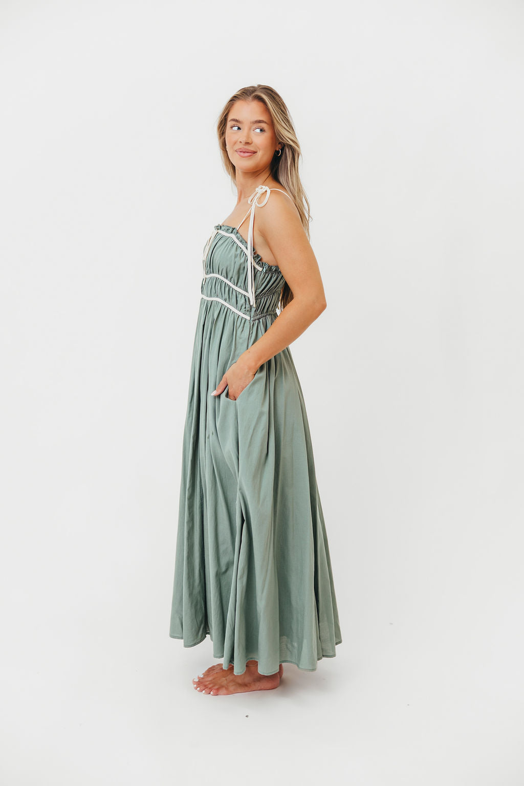 Hilsy Women's Cotton Blend Contrast Trim Maxi Dress in Eucalyptus Green - Flowy Boho Summer Dress for Beach, Vacation & Casual Wear