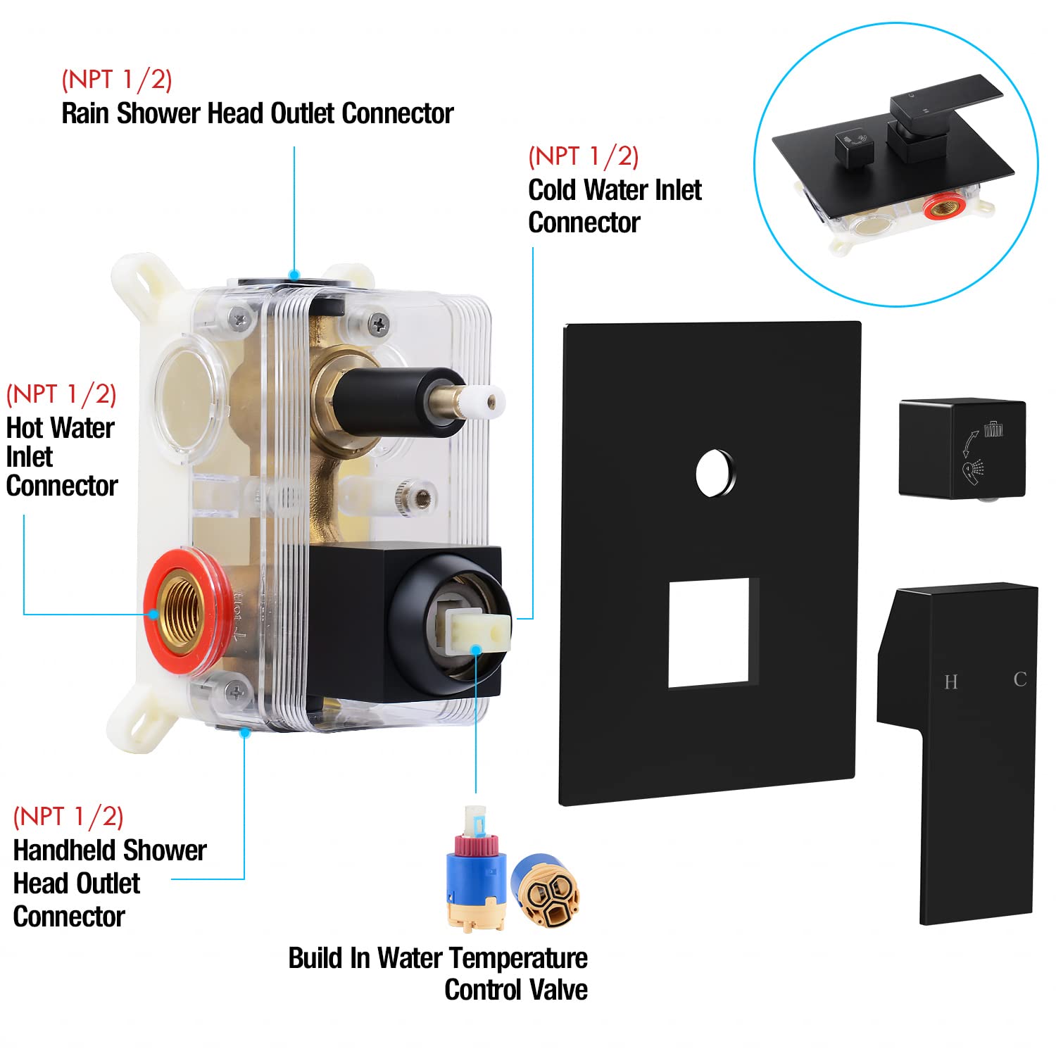 Qomolangma Black 12 Inch Rain Shower System - Wall Mounted Bathroom Shower Faucet Set with Pressure Balance Valve, 2-Function Shower Head (Rainfall & Handheld Spray) - Perfect for Modern Bathrooms, Spa-Like Shower Experience