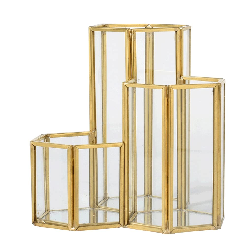 Hexagonal Glass Pen Holder with 3 Compartments - Copper Bar Desk Organizer for Pencils, Makeup Brushes & Office Supplies | Perfect for Home Office, Study Desk & Vanity Organizing
