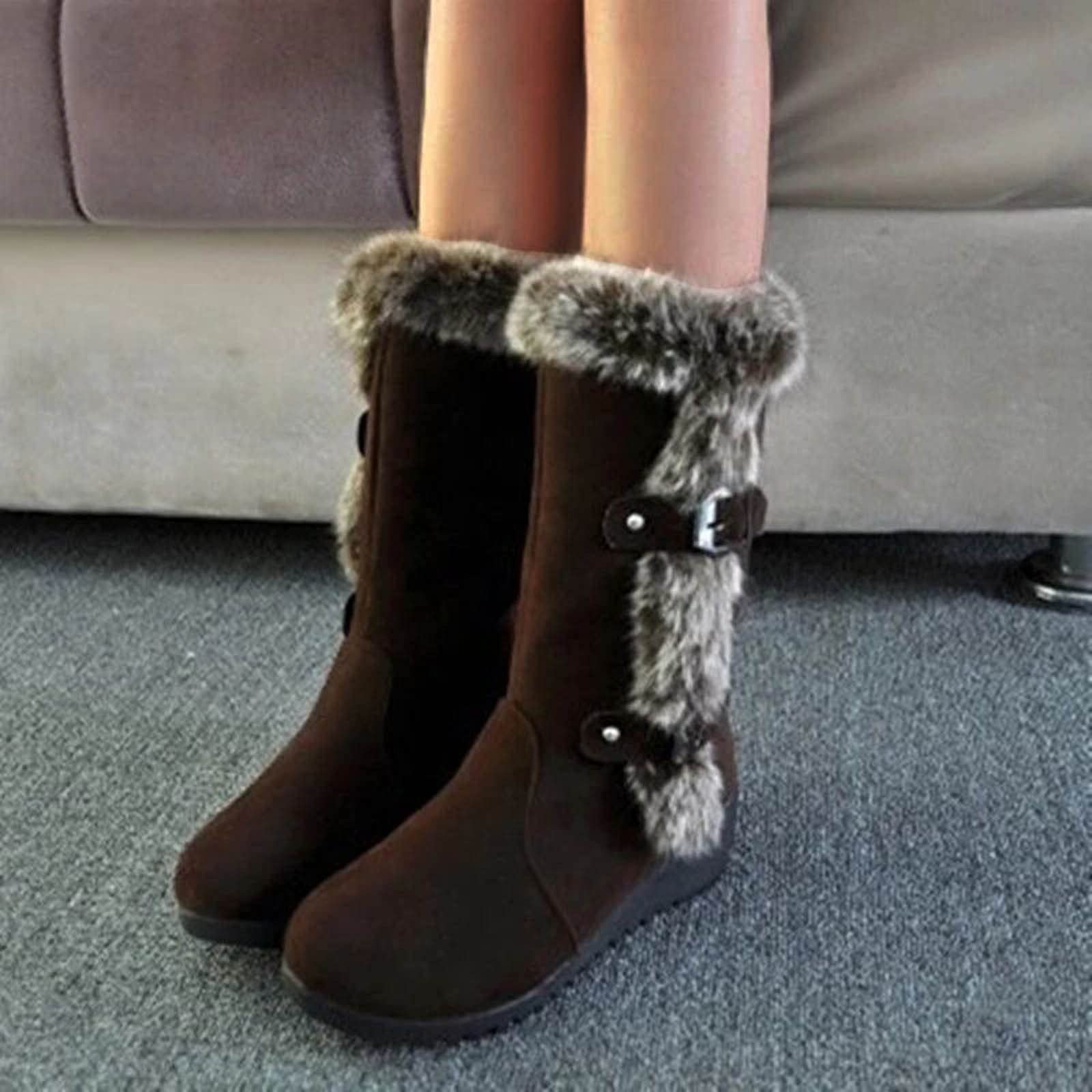Xbemkste Women's Winter Boots - Warm Fleece Lined Fashion Boots with Wedge Heel, Cotton Buckle & Winter Belt - Cozy Furry Boots for Snow, Cold Weather & Outdoor Activities