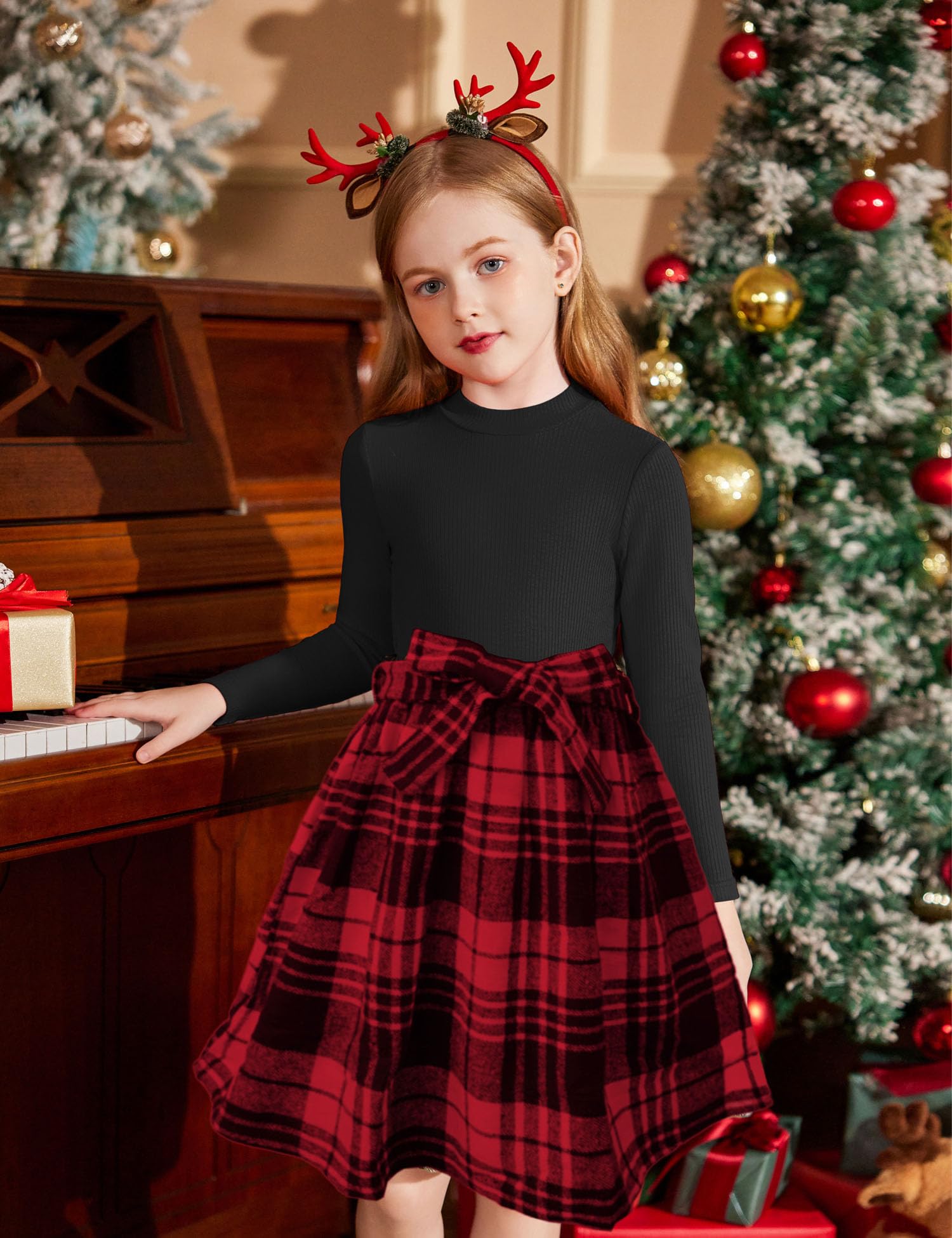 Arshiner Girls Long Sleeve Rib Knit Plaid Patchwork Belted Dress with Pockets - Cute Casual & Party Wear for Toddler and Kids (Ages 3-10) | Perfect for School, Holidays and Special Occasions
