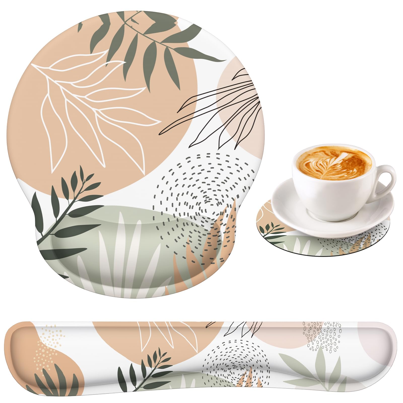 Ergonomic Mouse Pad with Wrist Rest Set - Keyboard Wrist Support & Comfortable Mousepad for Pain Relief - Tropical Leaves Design for Home Office & Gaming - Perfect for Long Computer Work Sessions & Typing Comfort