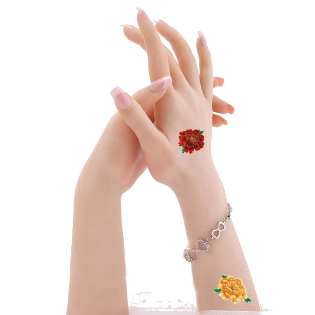 10.5 x 6cm Yellow Red Peony Waterproof Temporary Tattoo Stickers - Glitter Body Art Sleeve for DIY Costume, Festival & Party Makeup