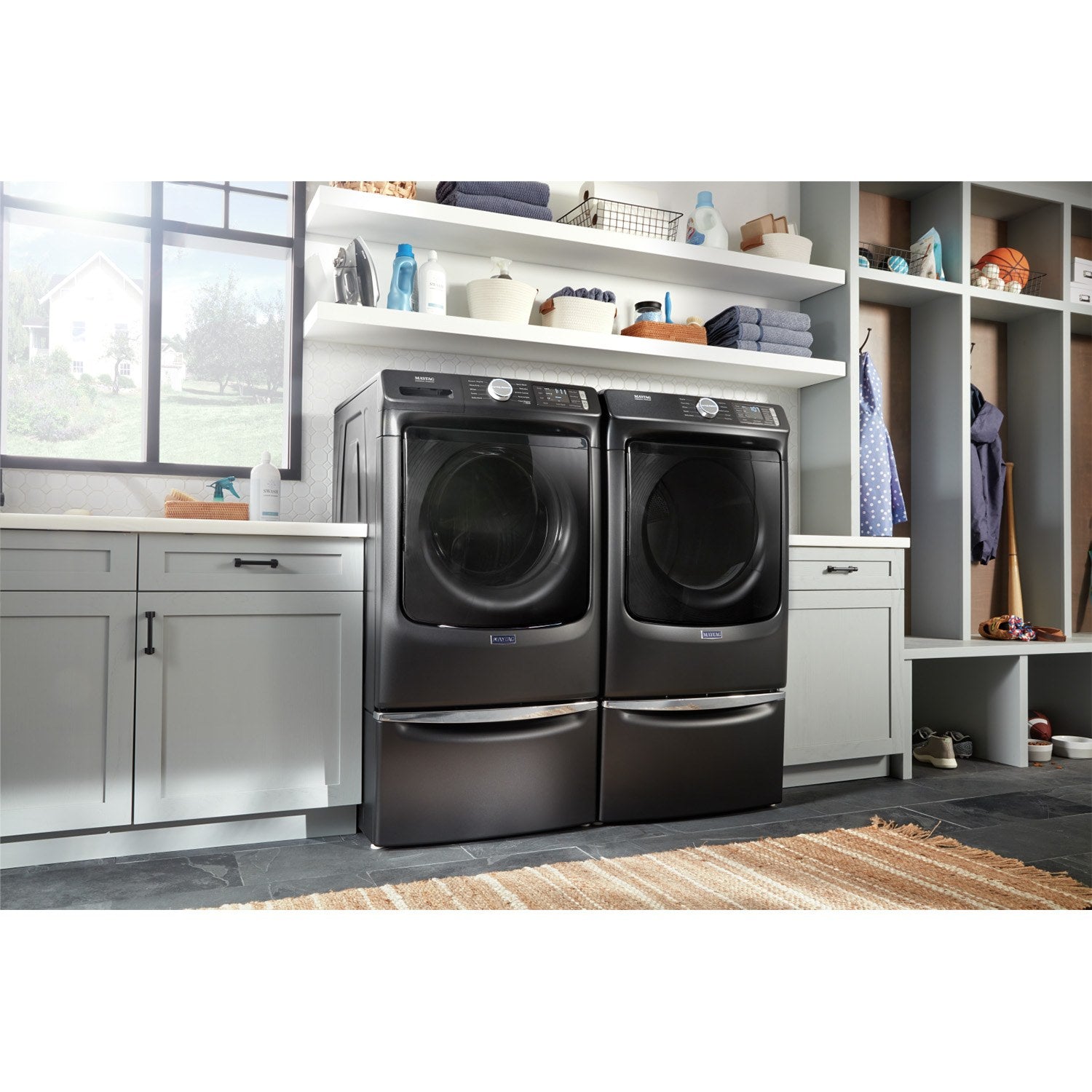 Maytag Volcano Black 5.2 cu. ft. Front Load Washer & 7.3 cu. ft. Electric Dryer Set (MHW5630MBK/YMED5630MBK) - Large Capacity Laundry Pair for Family Homes & Apartments