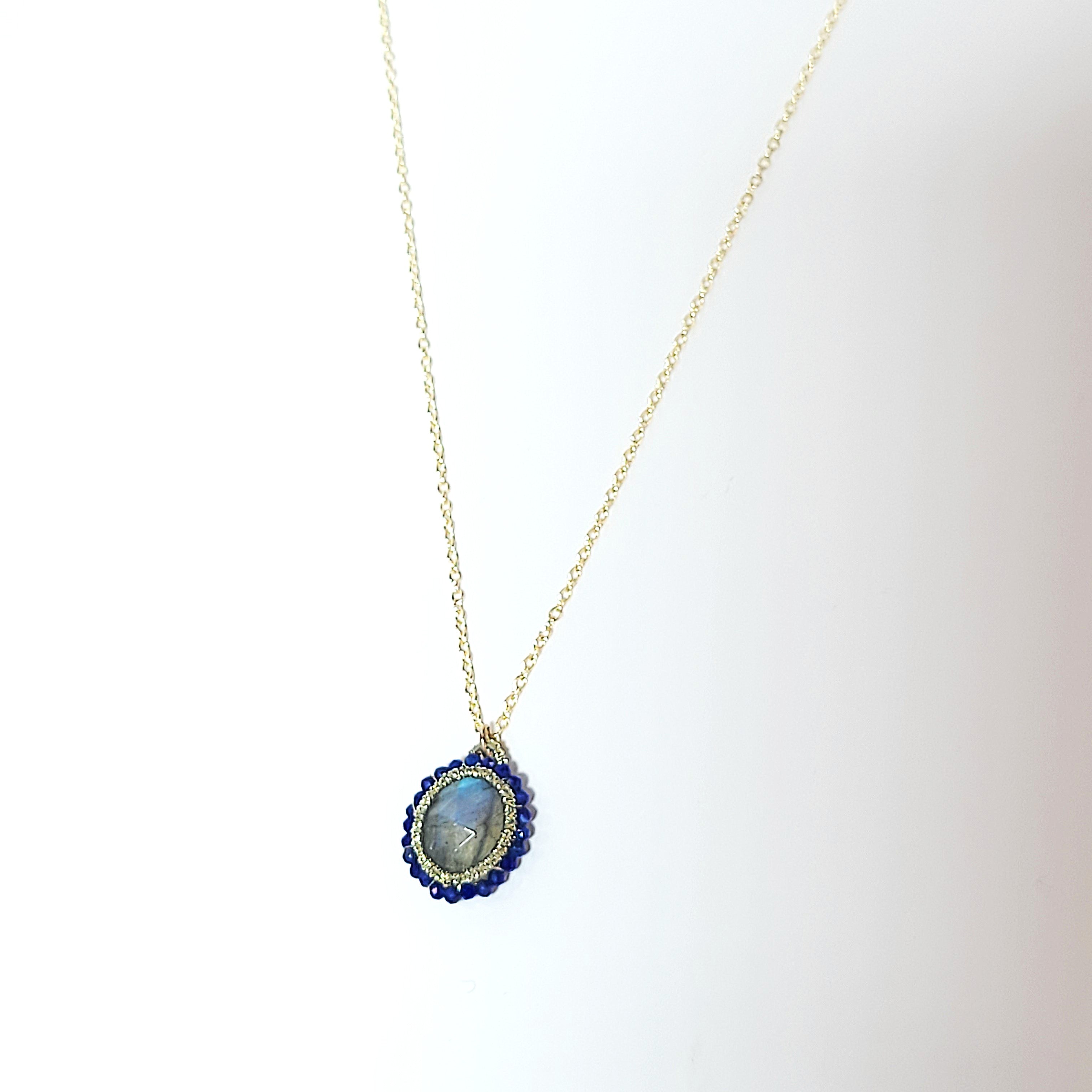 Labradorite & Lapis Necklace with 14k Gold Vermeil Chain – Elegant Caged Pendant & Gold Cord Design – Perfect for Boho, Spiritual & Everyday Jewelry