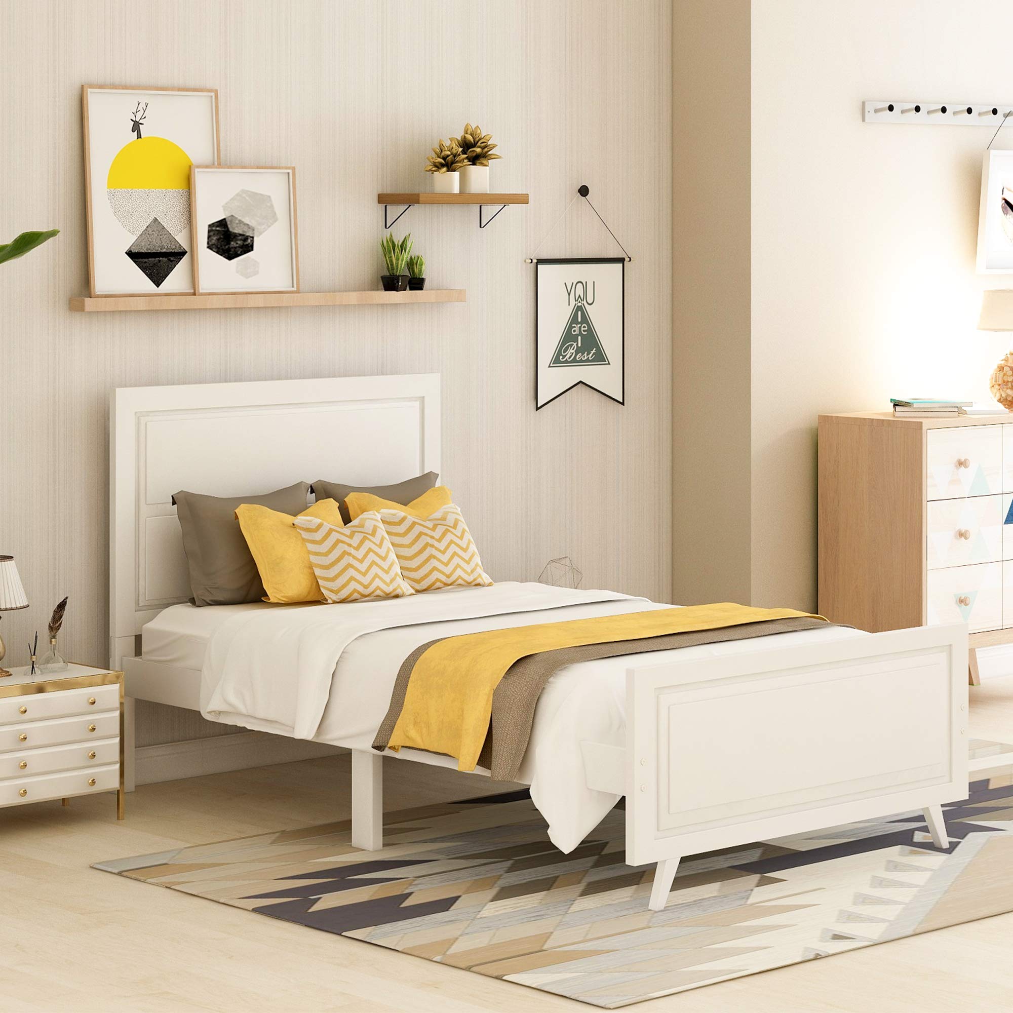 SOFTSEA Twin Size Platform Bed Frame with Headboard & Footboard - Solid Wood Construction with Wood Slat Support - Sturdy Kids Bed Frame in White - Perfect for Children's Bedrooms, Guest Rooms & Small Spaces