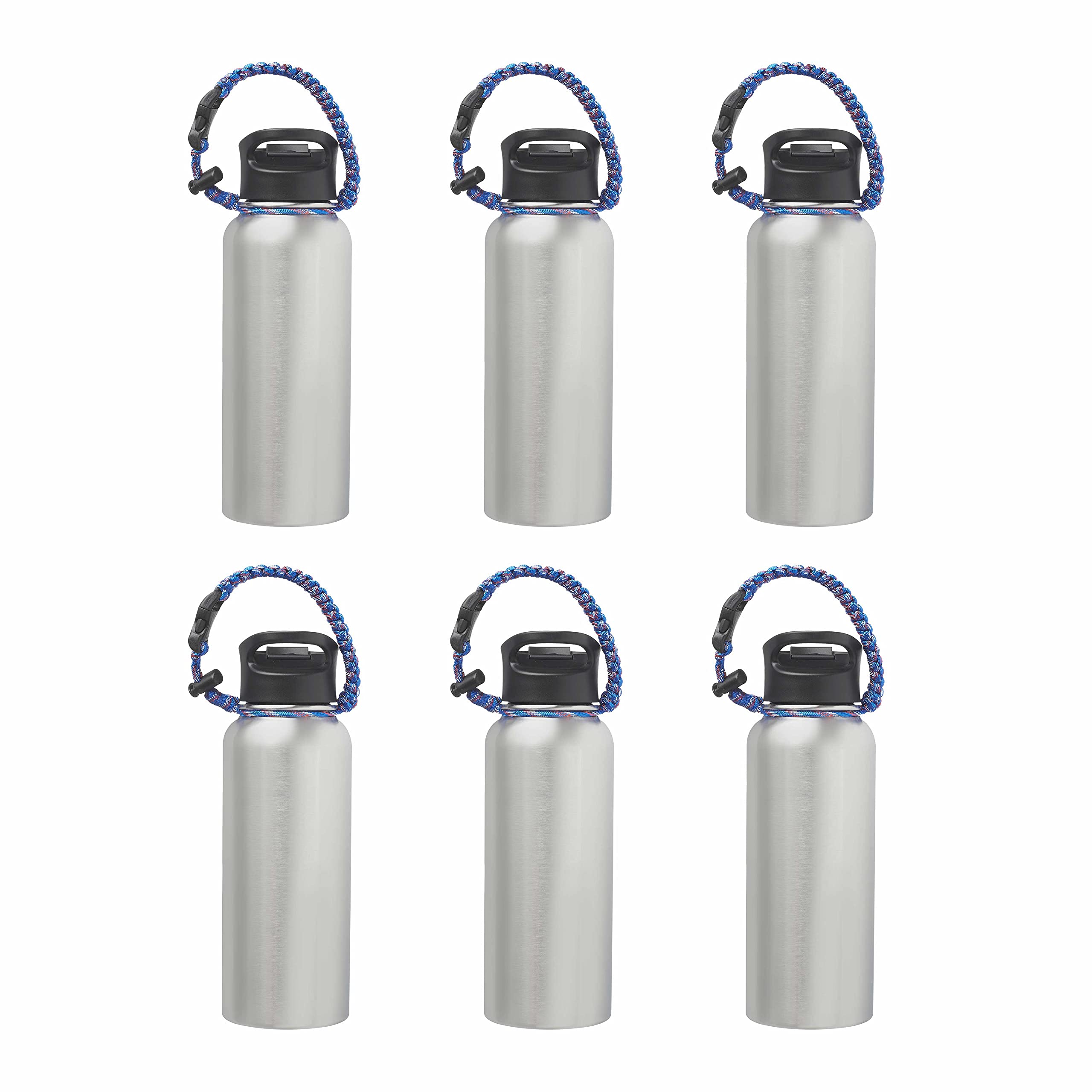 6 Pack Vulcan Stainless Steel Water Bottles 34oz - Double Wall Vacuum Insulated Silver Water Bottle with Strap - Leakproof & Sweatproof for Gym, Hiking, Camping, Office & Outdoor Activities