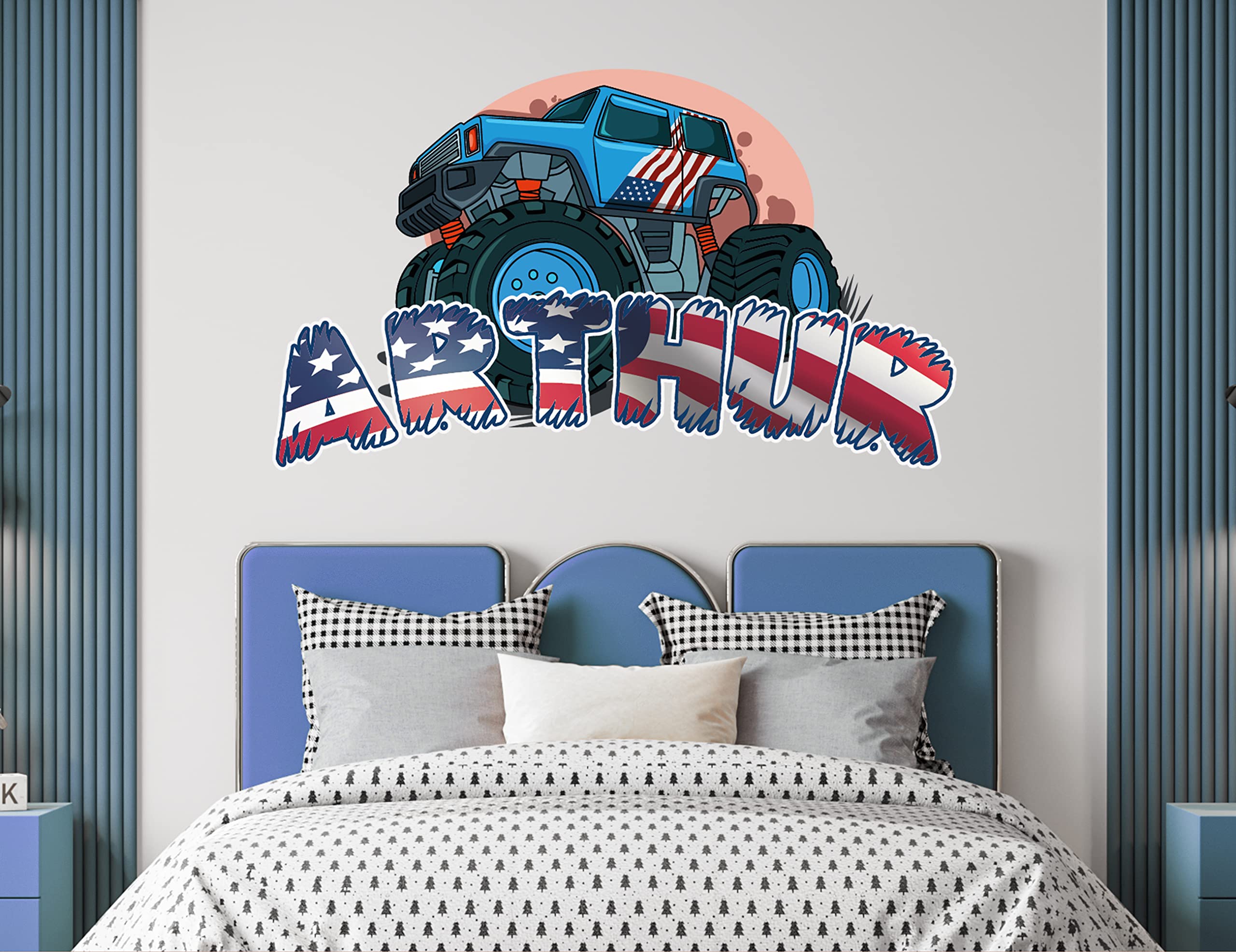 Custom Name Monster Truck Wall Stickers - Personalized Monster Jam Decals for Boys' Room Decor - Kids Bedroom Wall Art with American Monster Truck Designs | Perfect for Nursery, Playroom & Birthday Party Decorations