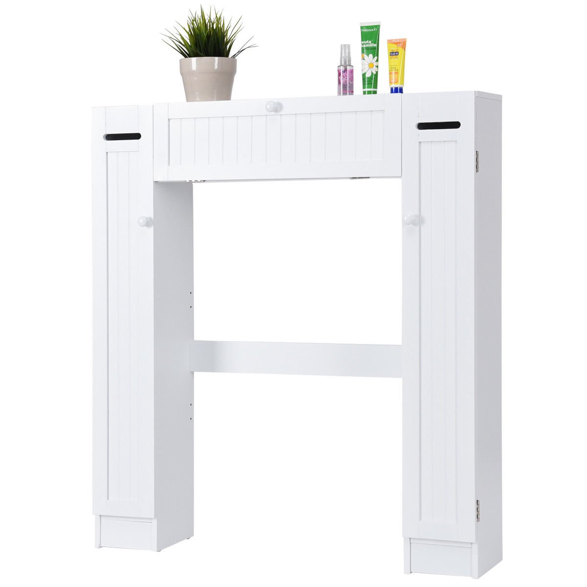 White Over The Toilet Storage Cabinet with Drop Door - Space Saving Bathroom Organizer for Towels, Toiletries & Cleaning Supplies - Perfect for Small Bathrooms, Apartments & Dorms