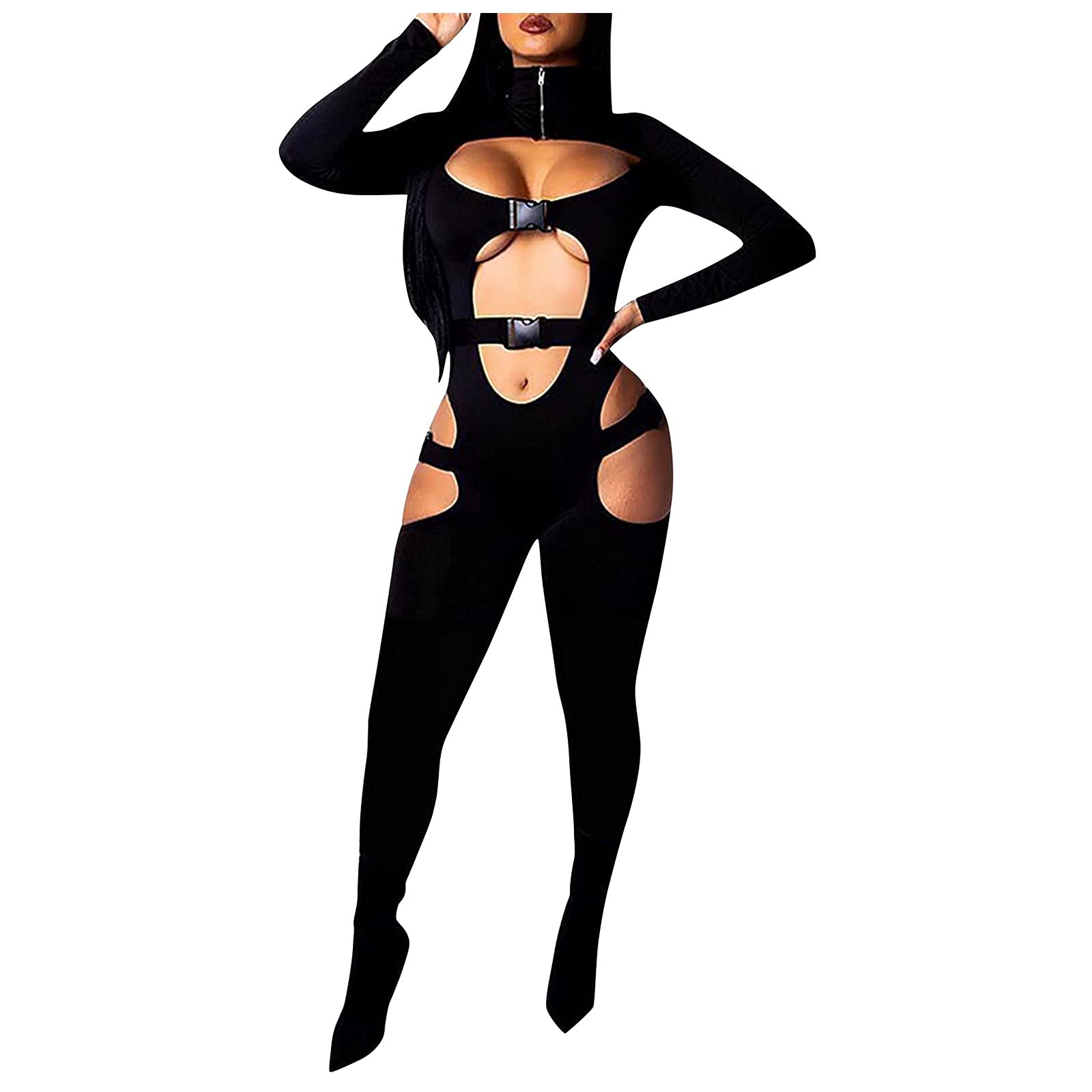 Sexy Women's Bodycon Jumpsuit with Buckle Detail, High Neck & Long Sleeve - Hollow Out Slim Zipper Romper for Night Out, Party & Date Night