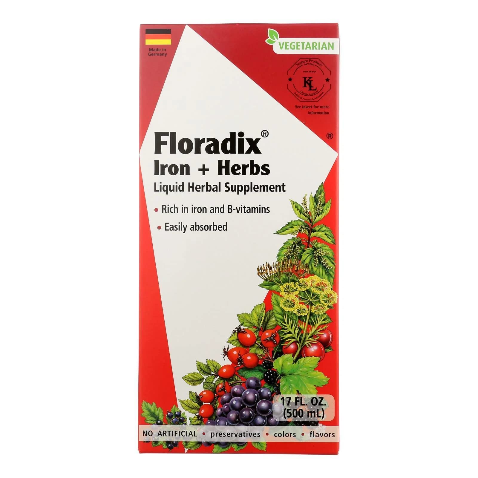 FLORADIX Iron & Herbs Liquid Supplement - 17 fl oz (500ml) - Natural Iron Support with Vitamins & Herbs - Energy Booster for Women & Men - Perfect for Anemia, Fatigue & Pregnancy Wellness