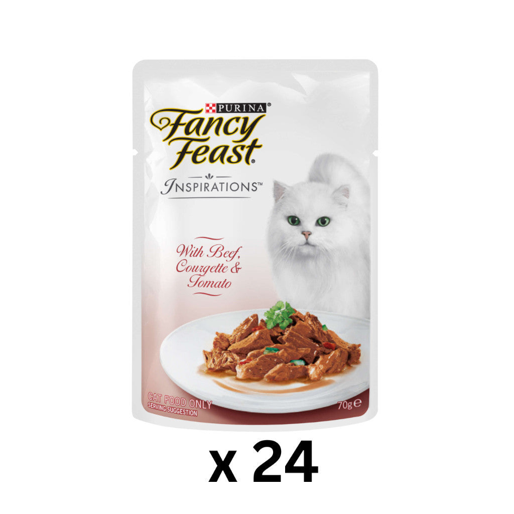 24-Pack Fancy Feast Inspirations 70g Cat Food Variety Pack - Chicken, Courgette, Tomato, Tuna, Beef & Salmon - Delicious & Nutritious Wet Cat Food for Adult Cats - Perfect for Mealtime, Travel & Treats