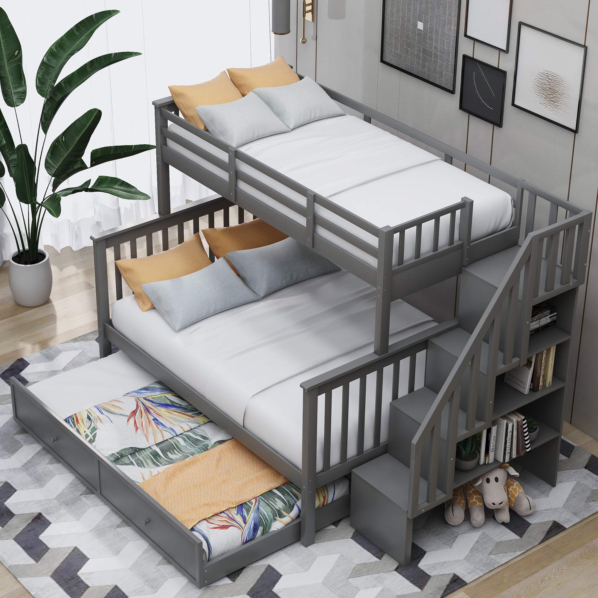 KLMM Twin-Over-Full Bunk Bed with Trundle - Solid Wood Stairway Bunk Bed with 4 Storage Shelves & Safety Guard Rail - Space Saving Bedroom Furniture for Kids, Teens & Adults (Gray/Wood-2) - Perfect for Small Bedrooms, Dorm Rooms & Guest Rooms