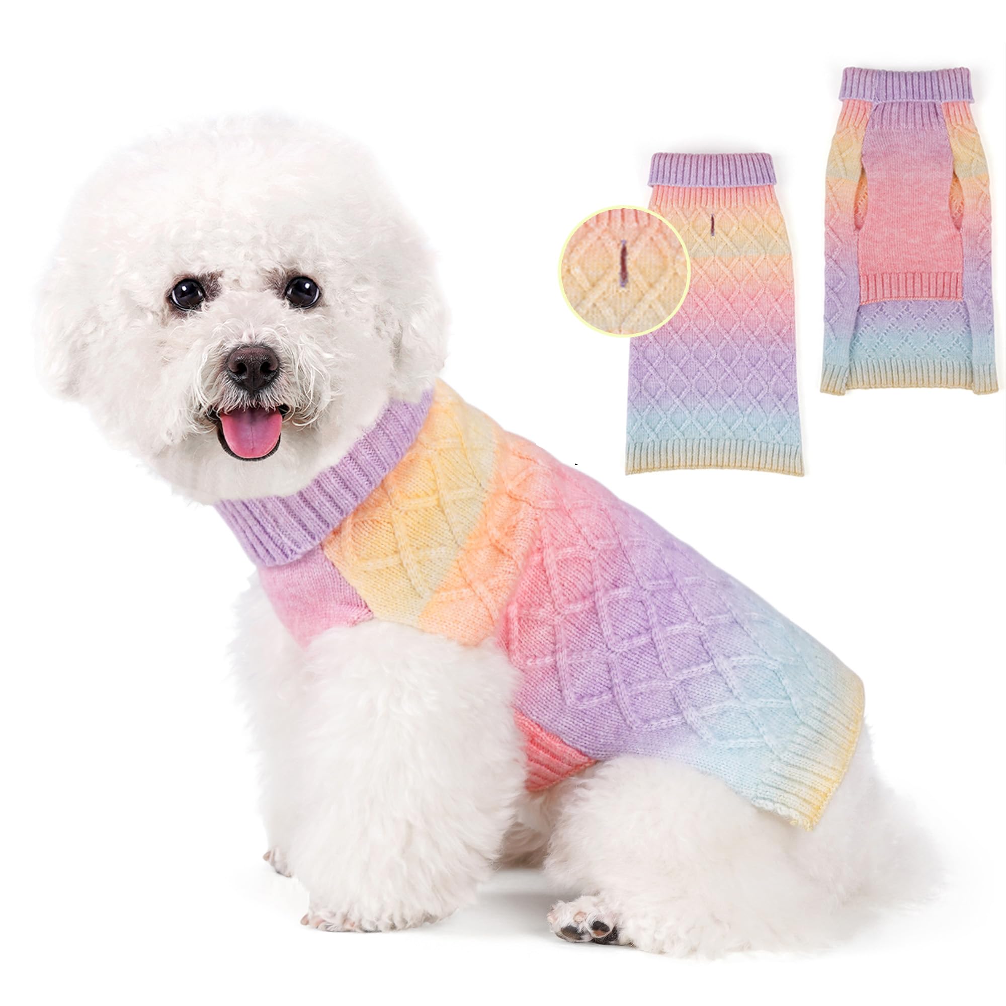 WOYYHO Colorful Knitted Dog Sweater for Small Dogs - Warm Winter Puppy Clothes with Turtleneck & Leash Hole for Chihuahua, Yorkies, Havanese (Small, Rainbow Colors) - Perfect for Outdoor Walks & Cold Weather Protection