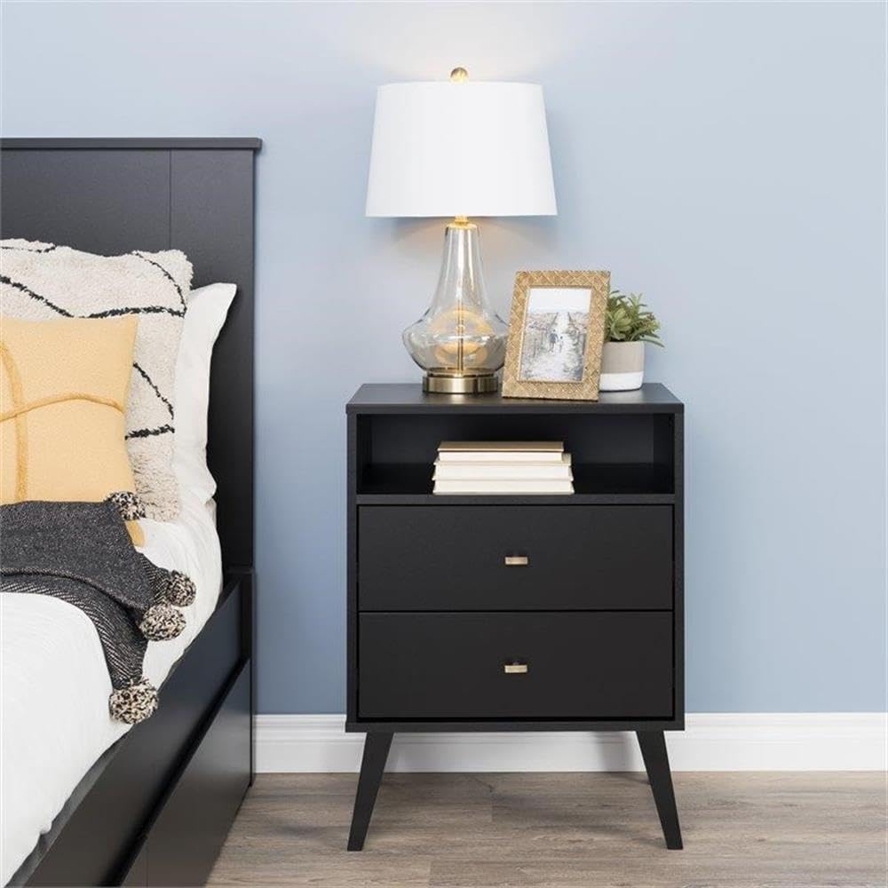 Mid Century Modern Nightstand Set of 2 - Black 2-Drawer Tall Bedside Tables for Bedroom Furniture | Home Square Nightstands for Small Spaces & Guest Rooms