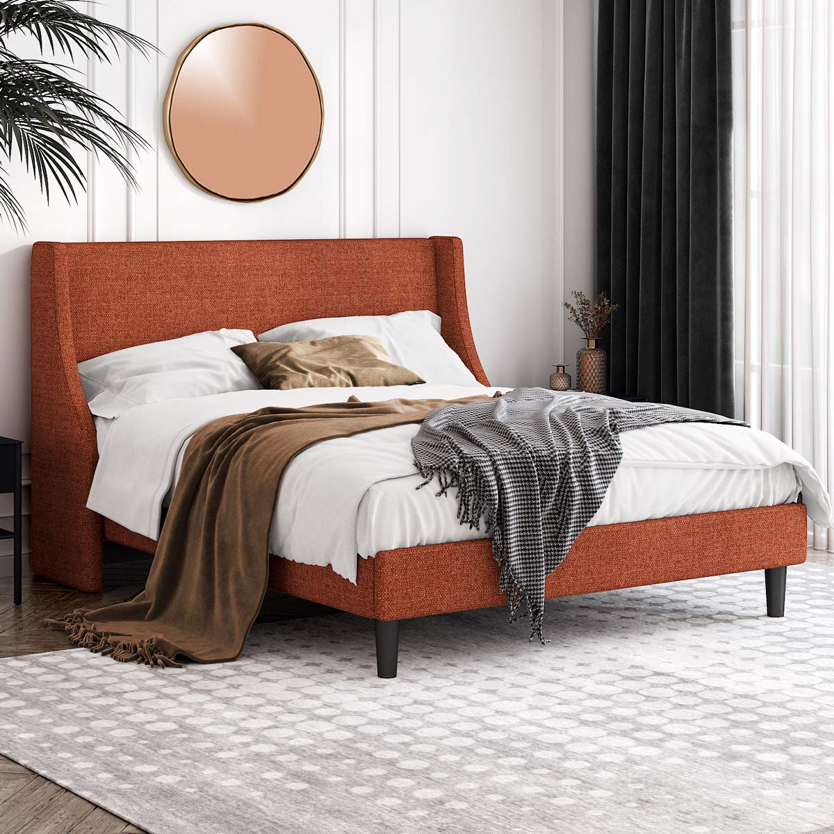 Modern Upholstered Full Bed Frame with Wingback Headboard & Wood Slat Support - Orange Fabric Platform Bed for Bedroom, Guest Room, or Dorm