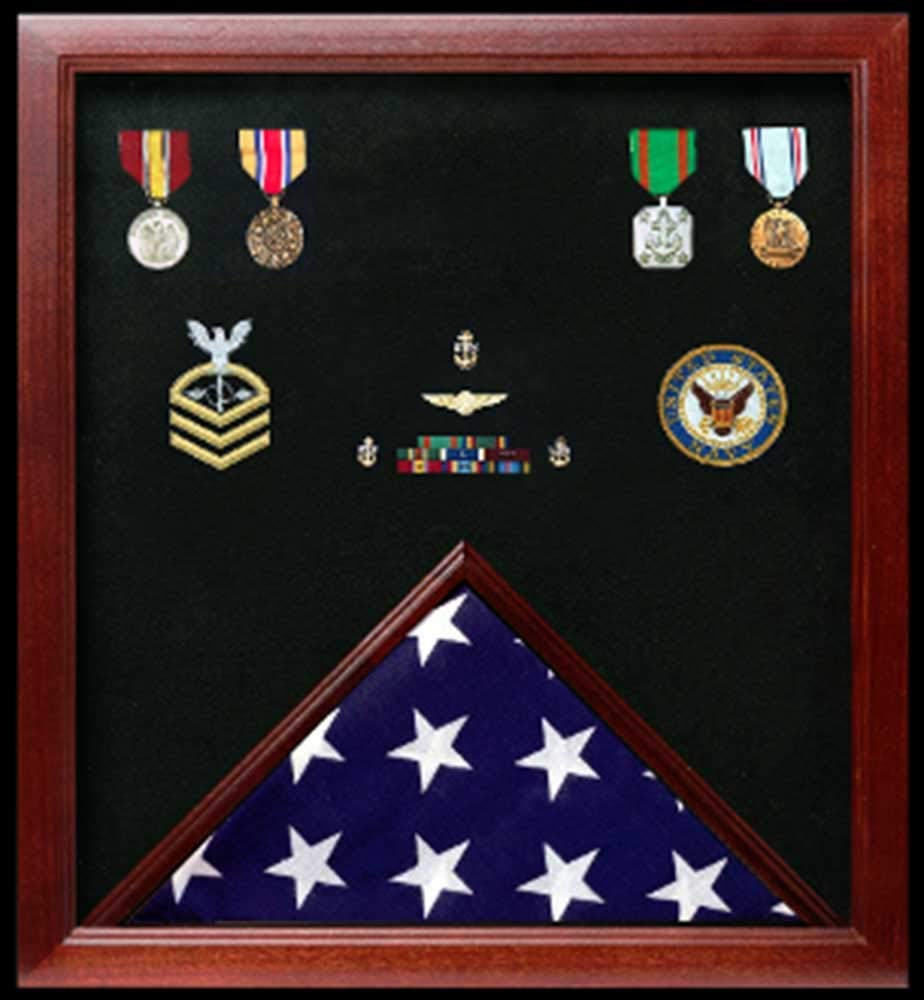 Military Flag and Medal Display Case Shadow Box - Wooden Wall Mounted for Army, Navy, Air Force Decor - Perfect for Home, Office, Military Gifts & Awards Ceremony