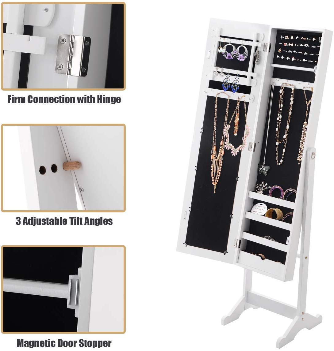 HOMGX White Wooden Standing Jewelry Cabinet with Mirror - Jewelry Armoire Organizer for Necklaces, Rings & Earrings - Perfect for Bedroom, Closet & Dressing Room Storage