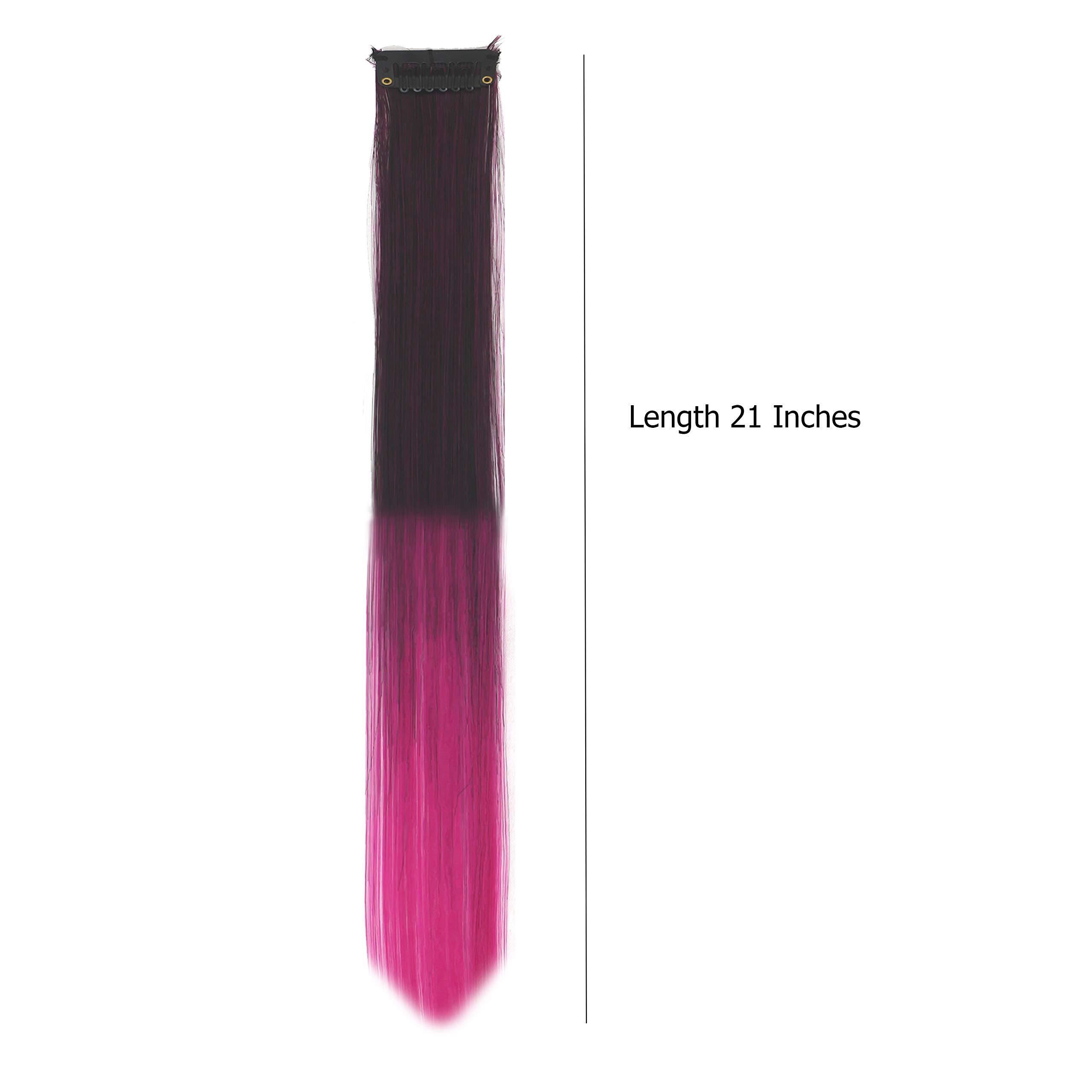 HEAVEN® 2-Piece Synthetic Straight Hair Extensions with Colored Streaks - Wine & Pink Highlights for Women & Girls | Perfect for Parties, Cosplay, and Daily Styling