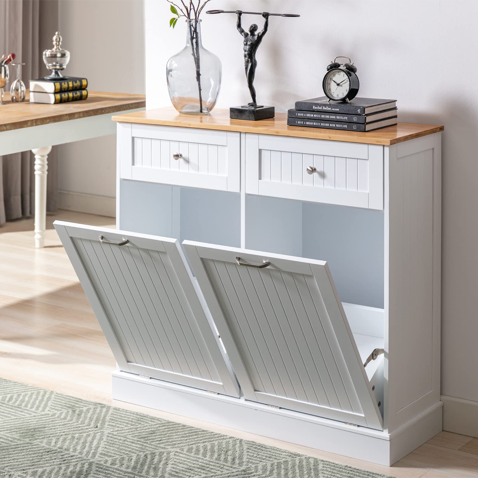 Freestanding Tilt-Out Trash Cabinet with Cutting Board - Pet Proof Kitchen Garbage Recycling Station, Wood Laundry Hamper & Hideaway Trash Holder Drawers (2, White) - Perfect for Small Kitchens, Apartments & Eco-Friendly Homes