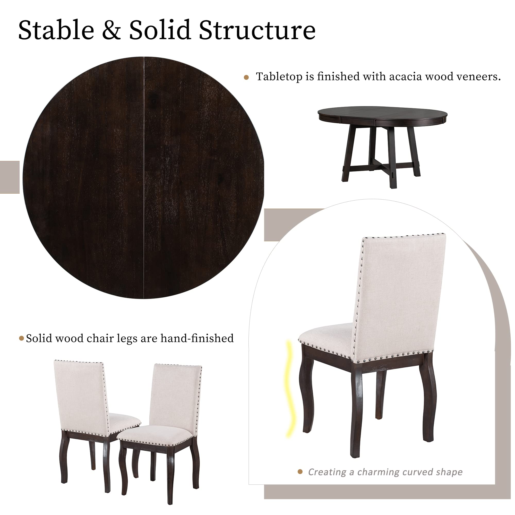 Quarte 5-Piece Farmhouse Dining Table Set - Extendable Wood Round Table & 4 Upholstered Chairs in Espresso - Perfect for Small Spaces & Family Gatherings