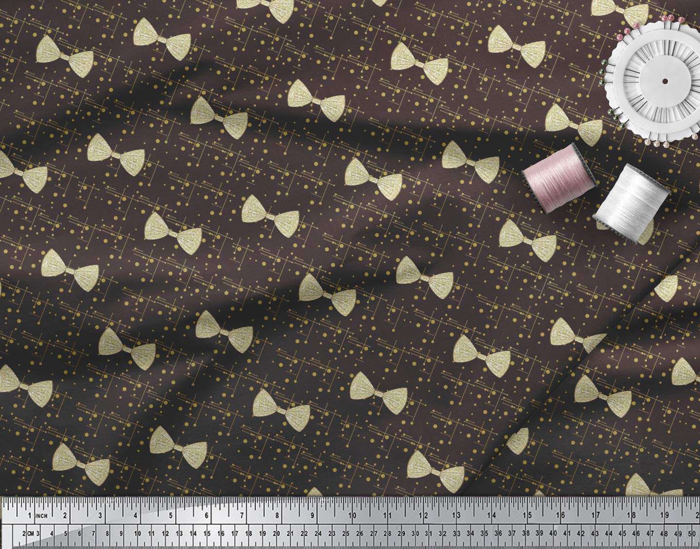 Soimoi Moss Georgette Brown Fabric by The Yard - 42 Inch Wide Printed Fabric with Bow & Dots Pattern - Elegant and Feminine Design for Dresses, Blouses, Scarves, and Home Decor Projects