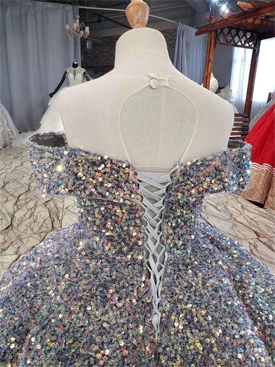 Luxury Girls Pageant Dresses - Off Shoulder Silver Sequin Ball Gowns with Bling for Kids | Toddler Pageant, Birthday Party, Special Occasion Formal Wear