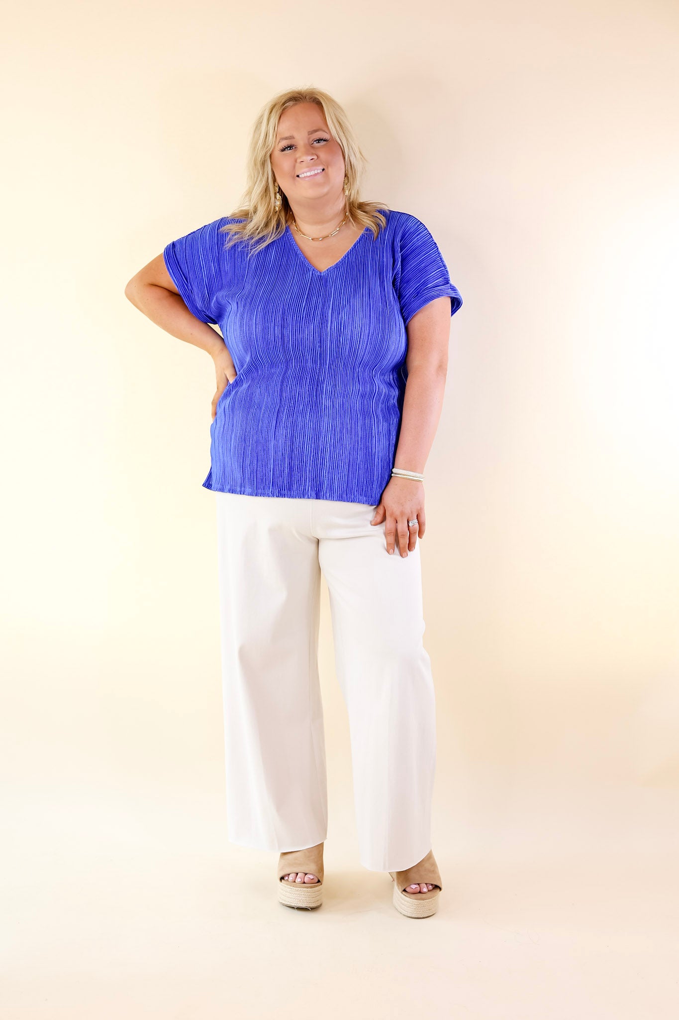 Royal Blue V Neck Plissé Top for Women - Casual & Stylish Blouse for Everyday Wear, Office, and Date Nights