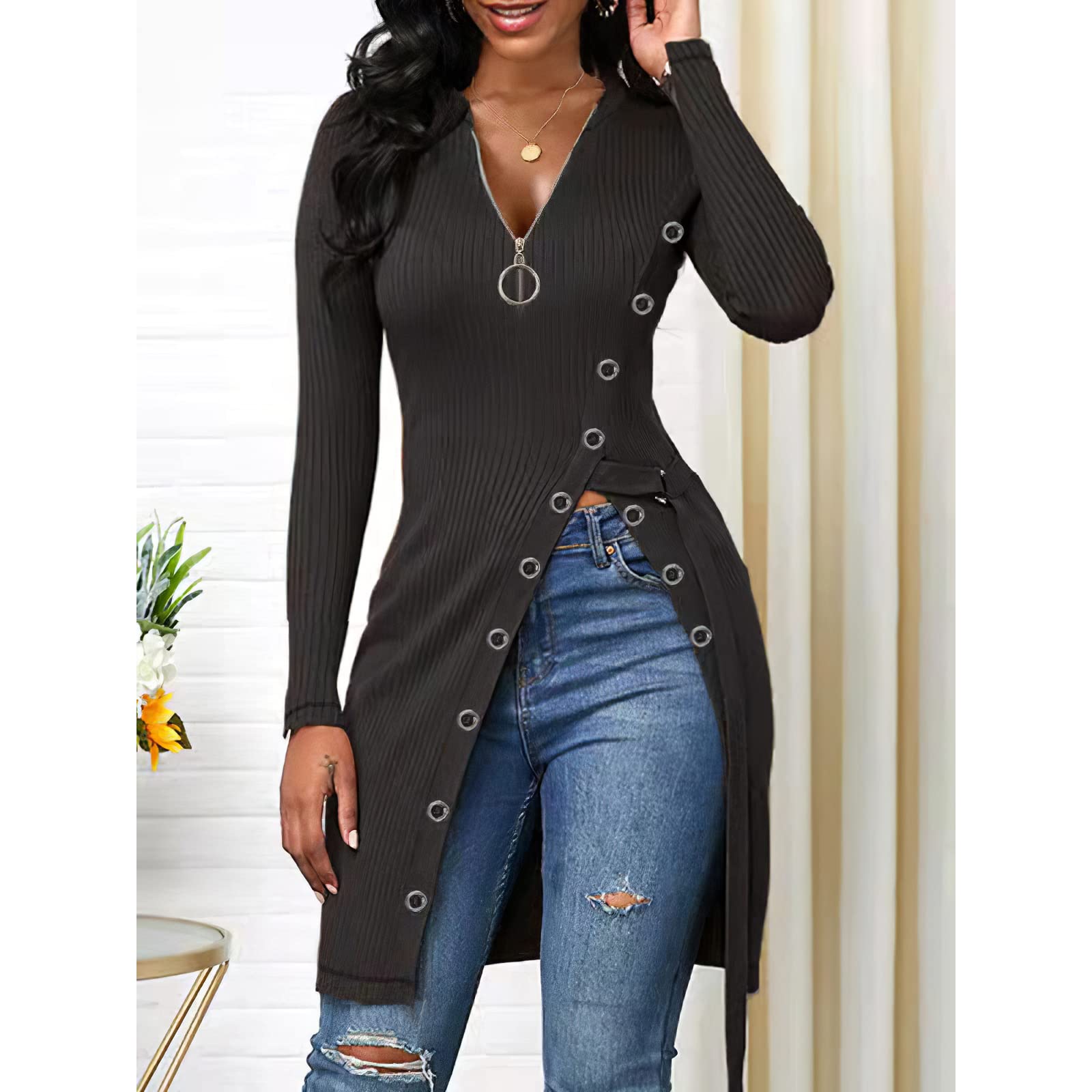 Women's Slim Fit Long Sleeve Tunic Top - V Neck Zipper Blouse for Work, Casual & Layering | Comfortable Office Wear & Everyday Outfits