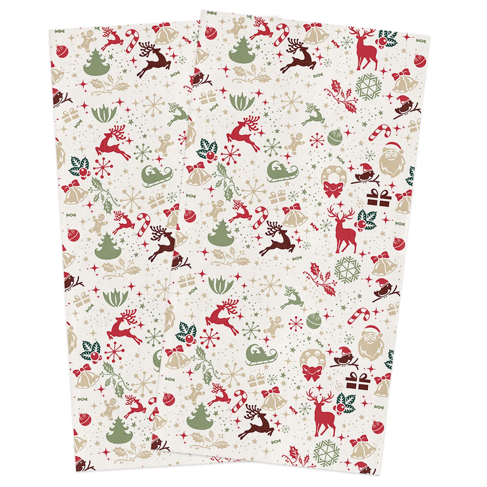 Christmas Tree Elk Santa Claus Snowflake Bells Kitchen Towels - 2 Pack Absorbent Dish Towels for Holiday Decor, Winter Retro Xmas Decorations, Hand Towels/Tea Towels/Bar Towels 18