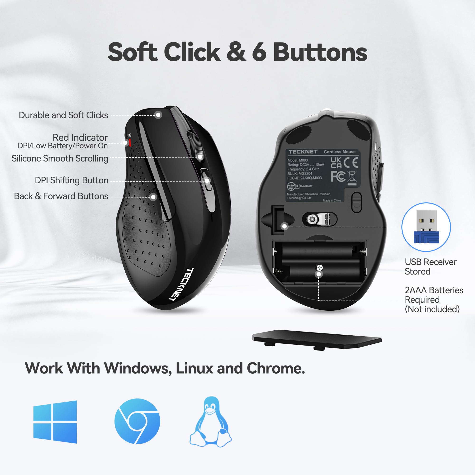 TECKNET 2.4G Ergonomic Wireless Mouse - 6 Buttons, 2600 DPI, 5 Adjustable Levels, 24 Months Battery Life, Ideal for Laptop, PC, Chromebook, Notebook, Home & Office Use