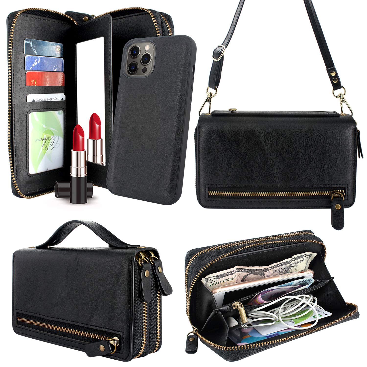 Harryshell Magnetic Wallet Case for iPhone 12 Pro Max (6.7 inch 2020) - Detachable Zipper Clutch Purse with Card Slots, Mirror & Crossbody Chain Wrist Strap (Black) | Perfect for Travel, Shopping & Daily Use